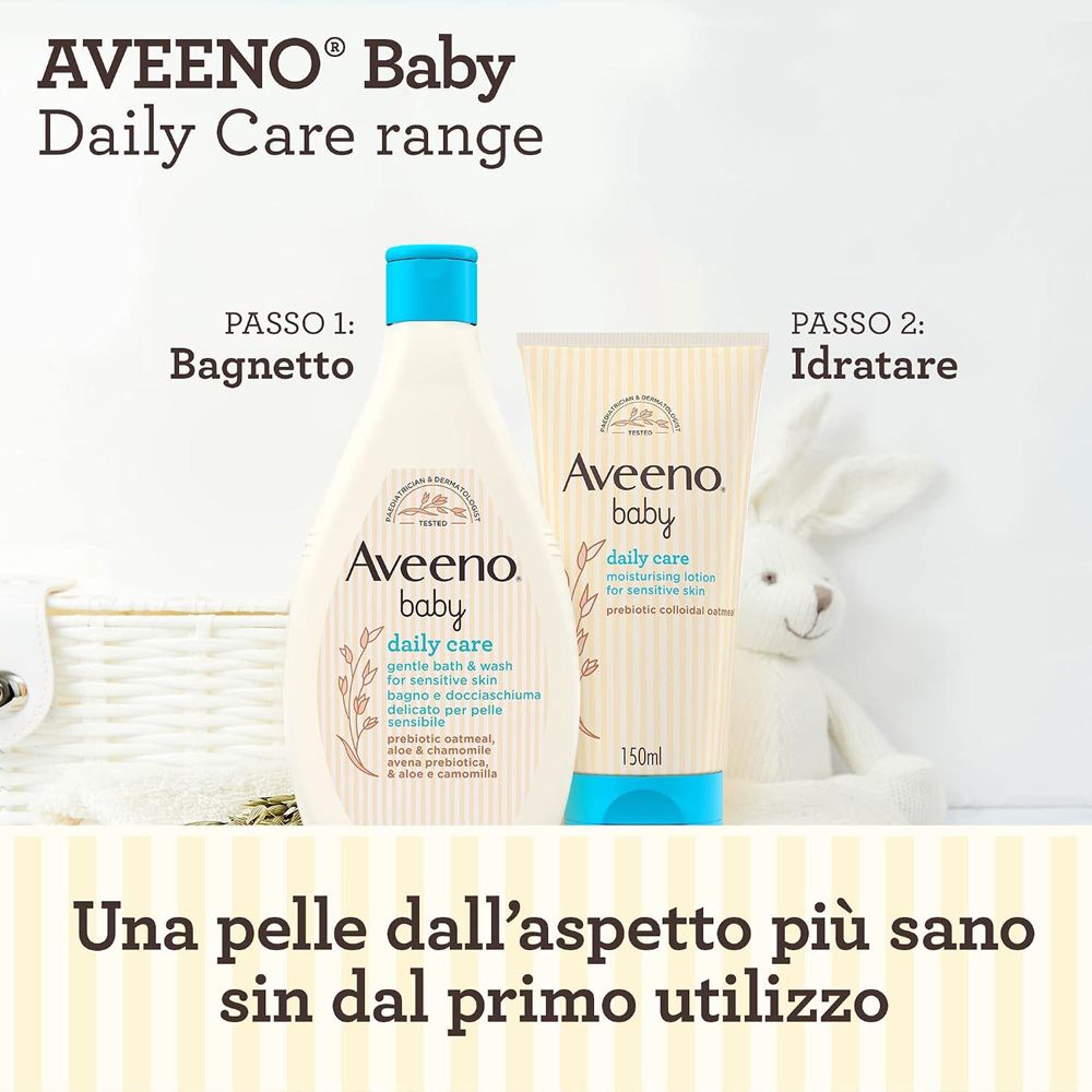 Zwei Aveeno Baby Daily Care Produkte: eine Flasche und eine Tube, mit einem Hasen im Hintergrund.