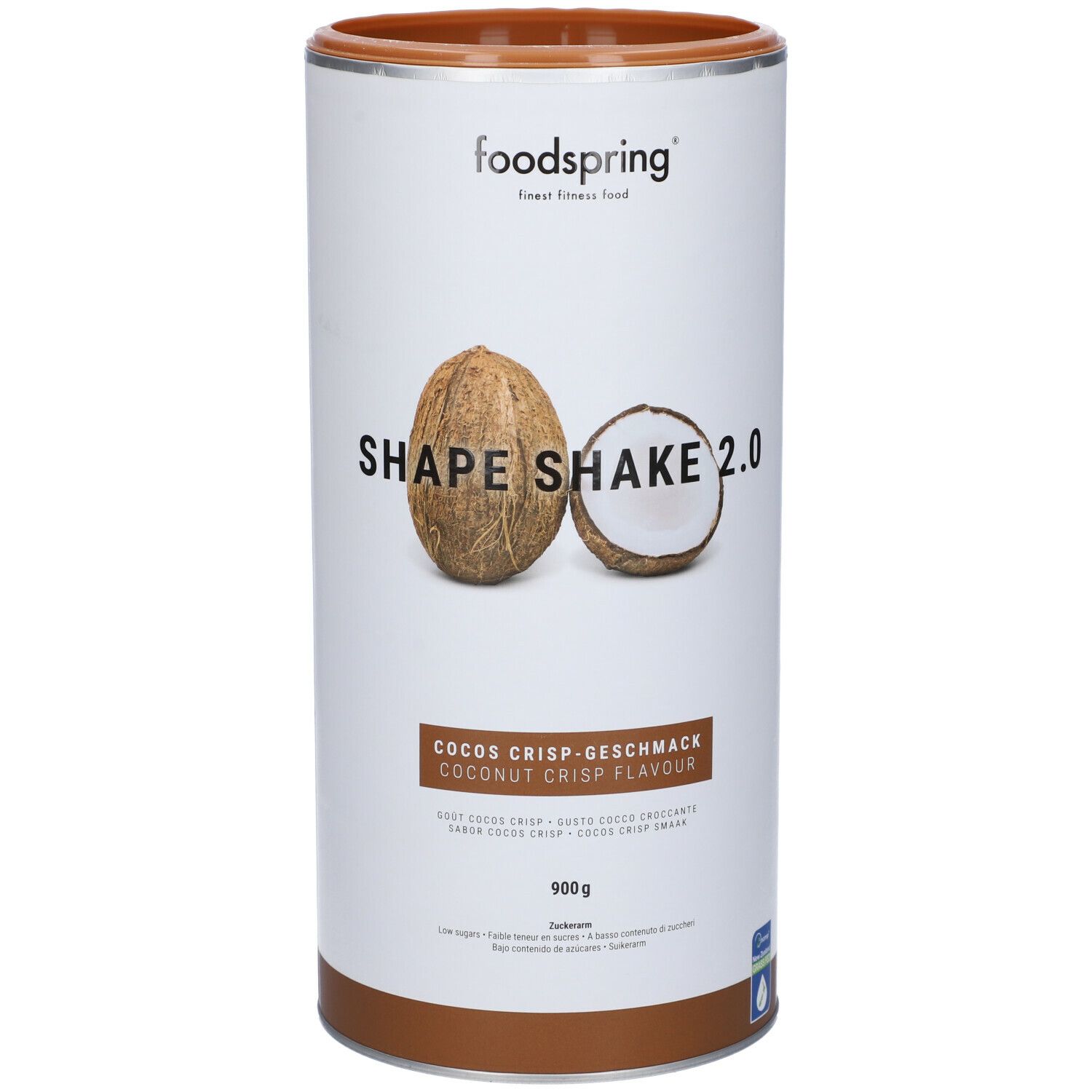 Barattolo cilindrico di Foodspring Shape Shake 2.0 Cocco Croccante. Immagine di cocco. Scritta: Cocos Crisp Geschmack, 900g.