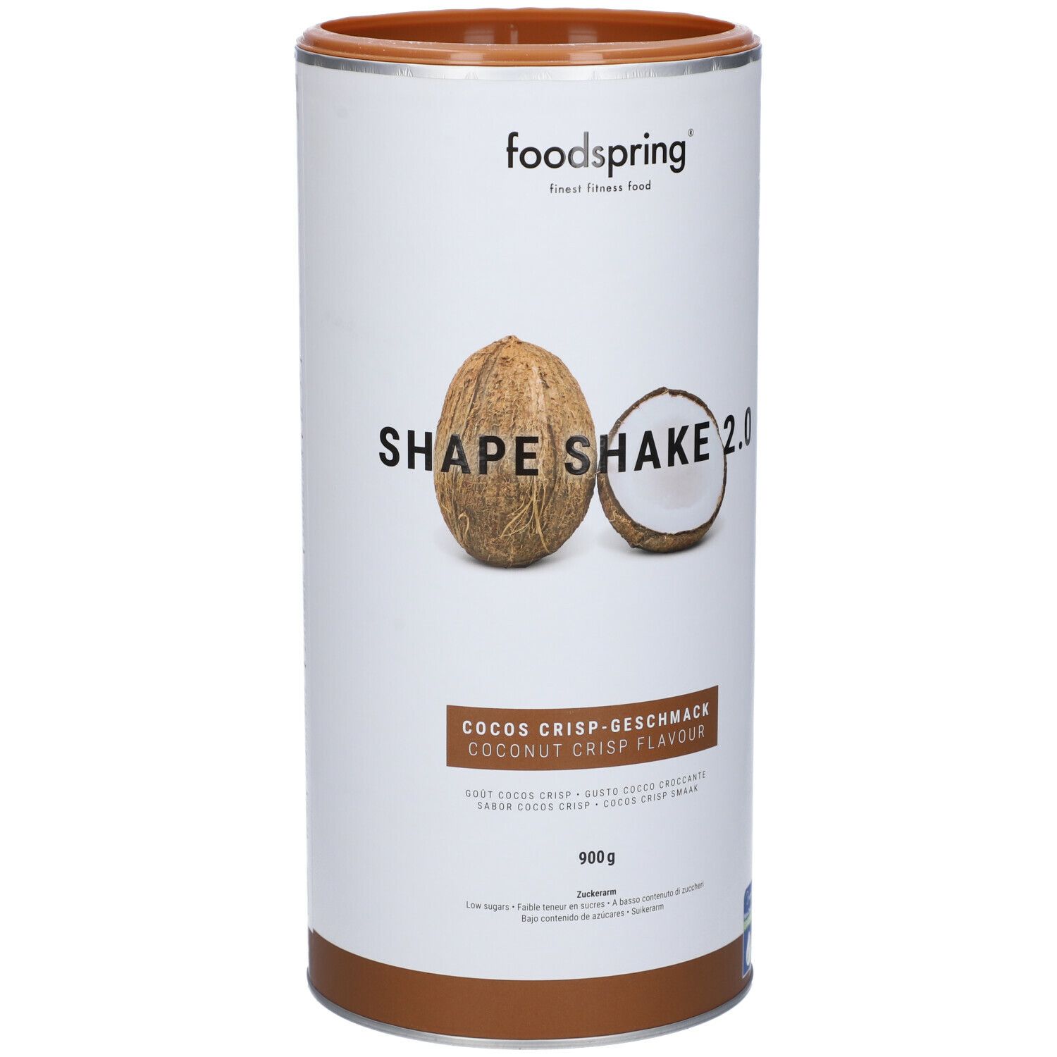 Barattolo cilindrico di Foodspring Shape Shake 2.0 Cocco Croccante. Immagine di cocco. Scritta: Cocos Crisp Geschmack, 900g.