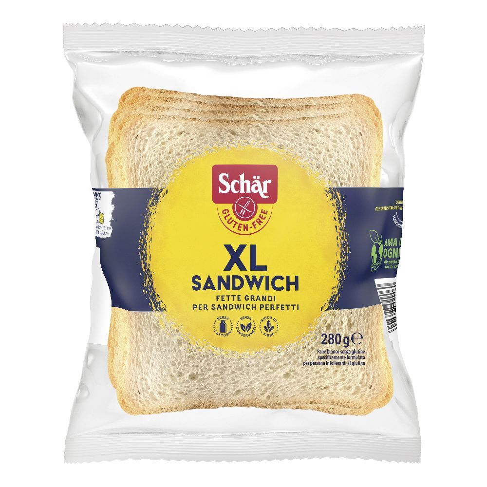 Confezione di fette di pane sandwich XL senza glutine. Etichetta gialla con logo e testo.