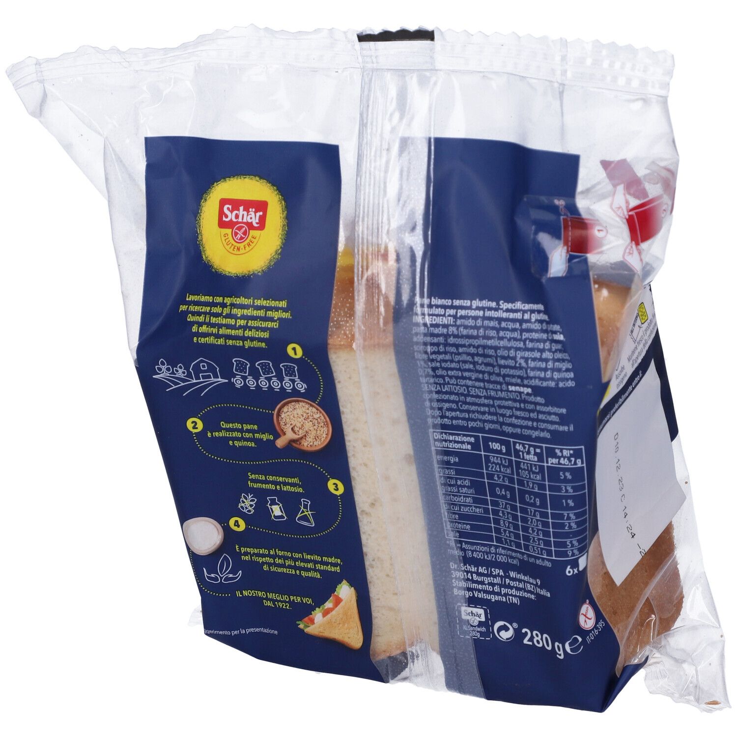 Retro della confezione di fette di pane sandwich XL senza glutine. Testo, informazioni nutrizionali, logo.