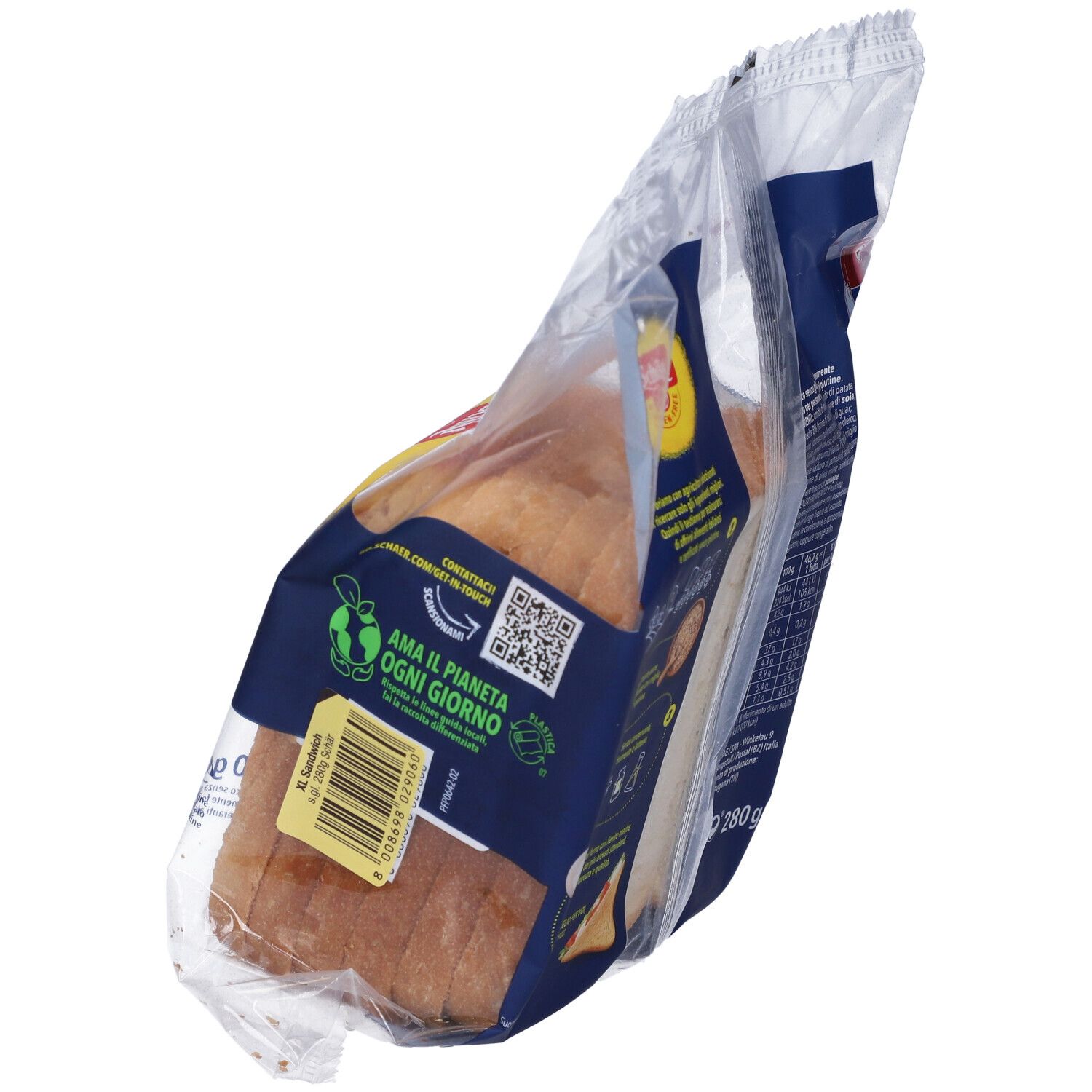 Retro della confezione di fette di pane sandwich XL senza glutine. Codice a barre, testo, logo.