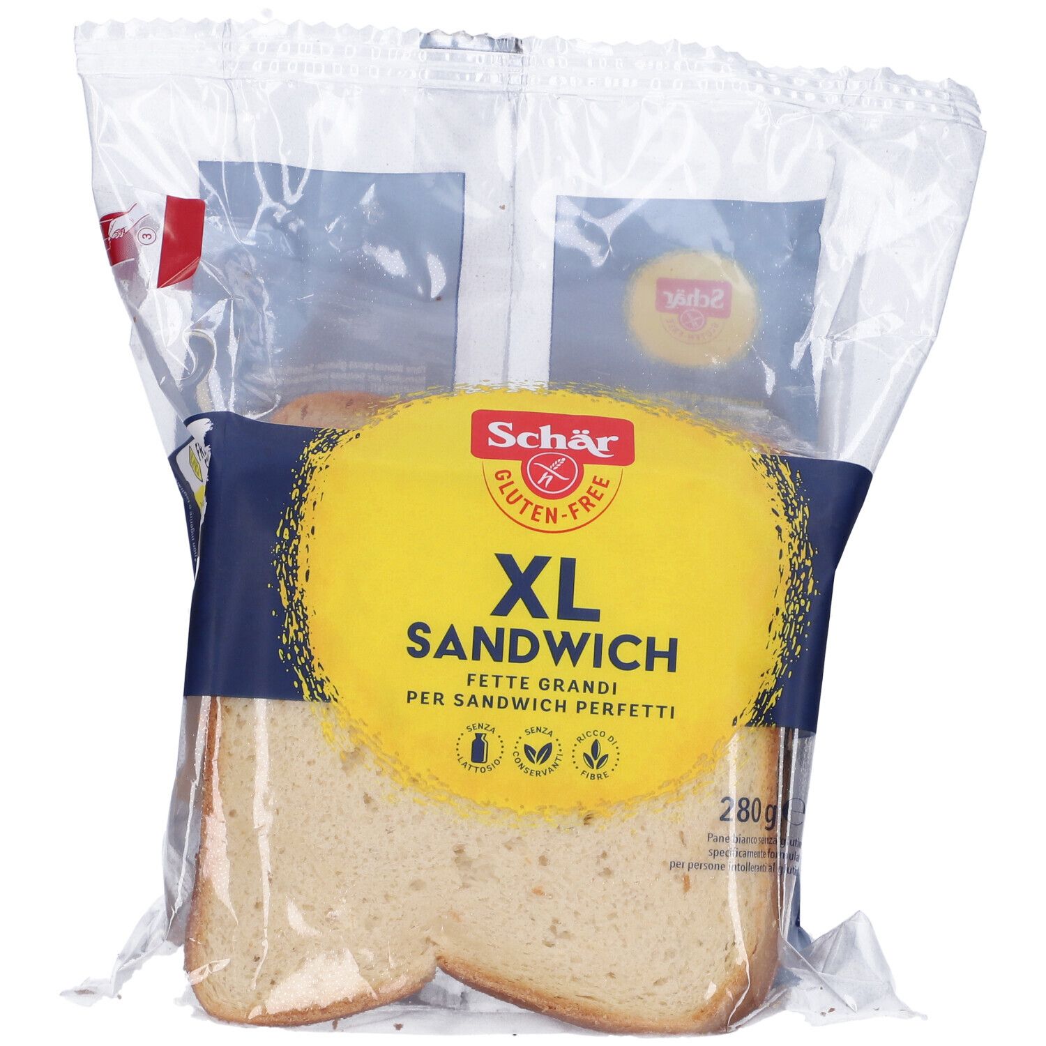 Confezione di fette di pane sandwich XL senza glutine. Etichetta gialla con logo e testo.