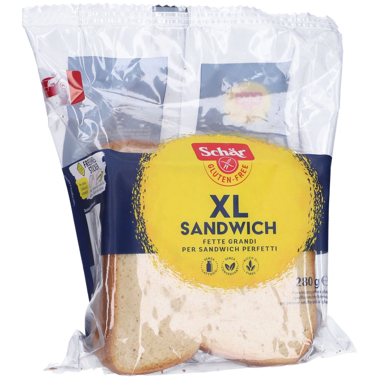 Confezione di fette di pane sandwich XL senza glutine. Etichetta gialla, sigillo di freschezza.