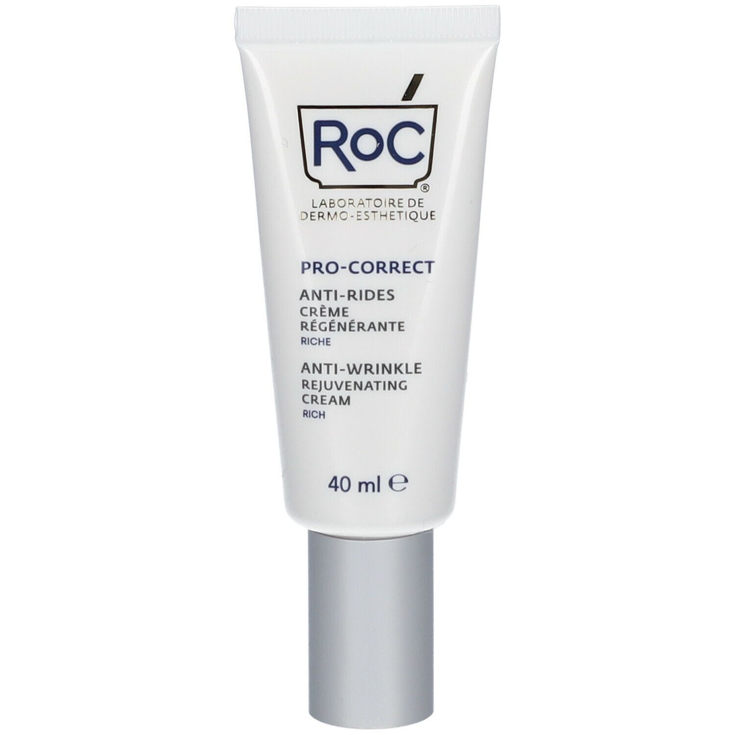 Tubo bianco con tappo argentato. Scritte: RoC, Pro-Correct, Anti-Rides, Crème Régénérante, Anti-Wrinkle Rejuvenating Cream, 40 ml.