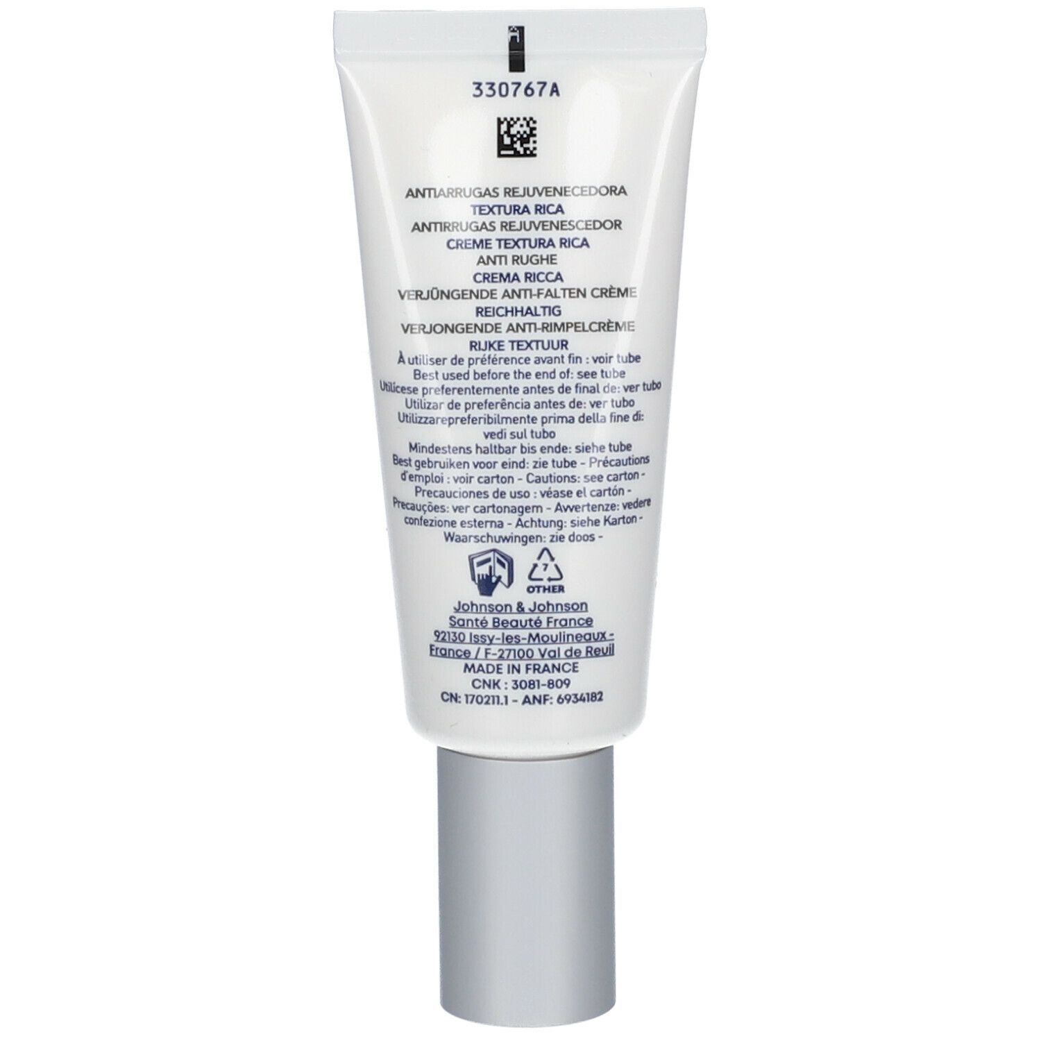 Retro del tubo bianco. Testo multilingue. Informazioni produttore: Johnson & Johnson, Santa Beauté, Francia.