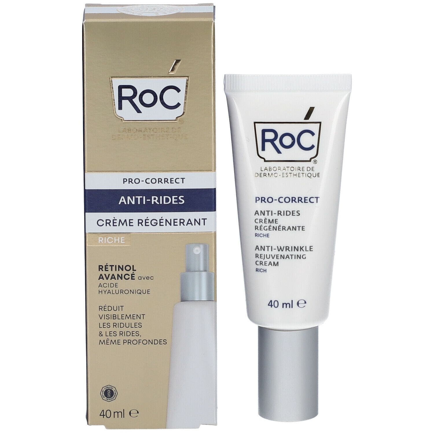 Confezione del prodotto con tubo. RoC, Pro-Correct, Anti-Rides, Crème Régénérante. Sulla confezione: Retinolo Avancé avec Acide Hyaluronique, 40 ml.
