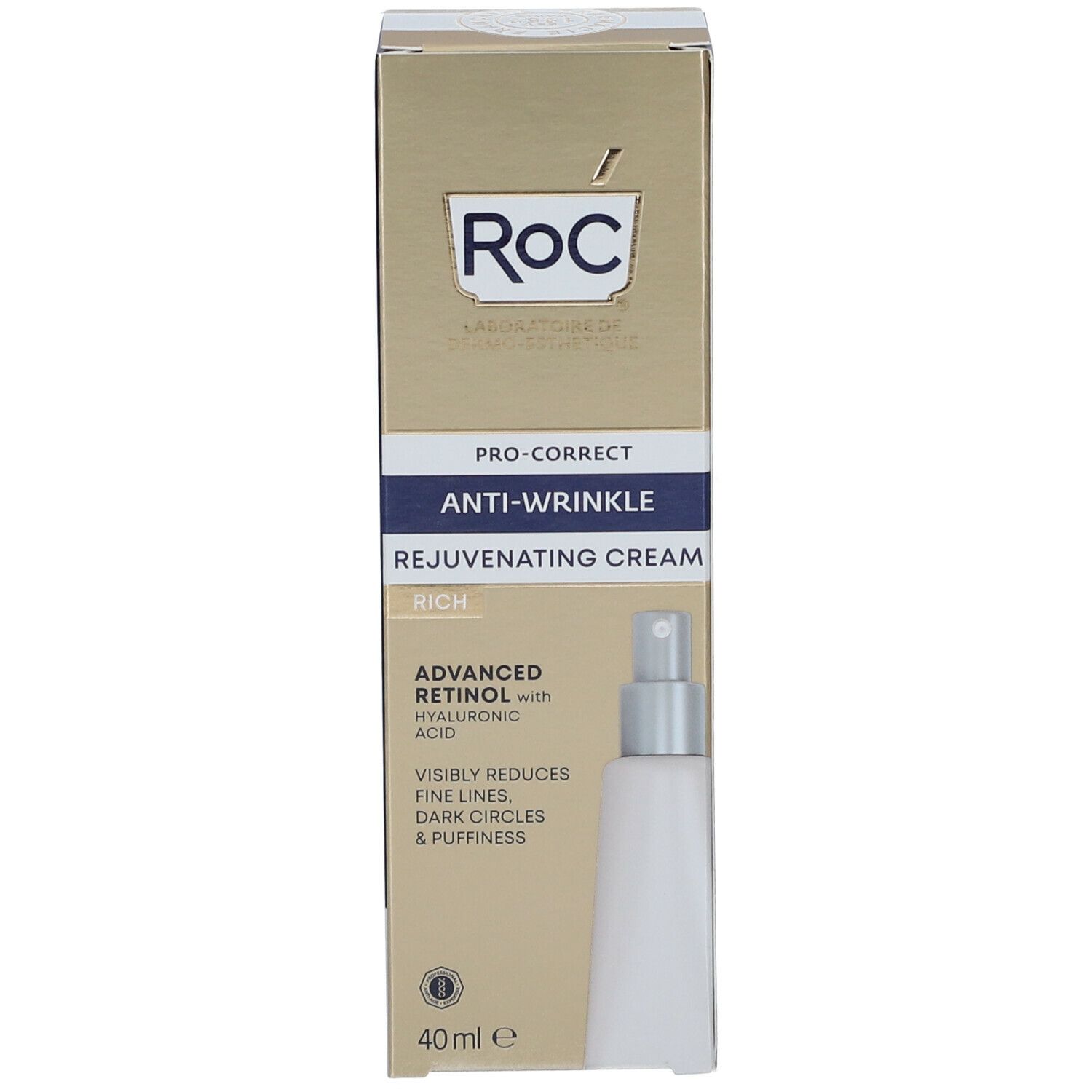 Confezione del prodotto. RoC, Pro-Correct, Anti-Wrinkle Rejuvenating Cream. Sulla confezione: Advanced Retinol with Hyaluronic Acid, 40 ml.