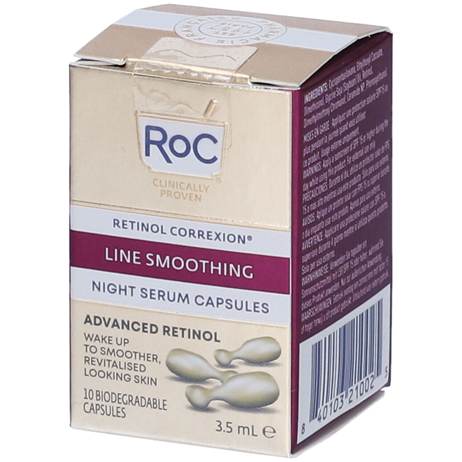 Confezione di Roc Retinol Correxion Line Smoothing Capsule Siero Notte. Scatola dorata con informazioni e immagine delle capsule.
