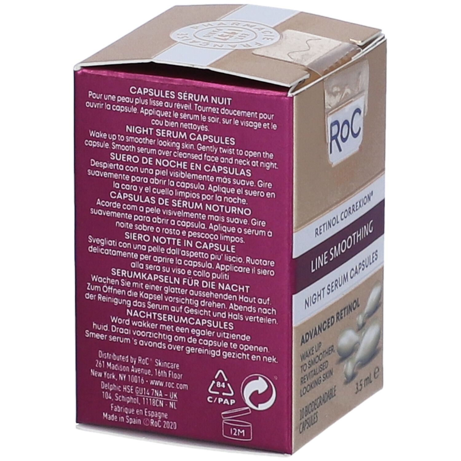 Retro della confezione Roc Retinol Correxion Line Smoothing Capsule Siero Notte. Testo multilingue, informazioni e ingredienti.