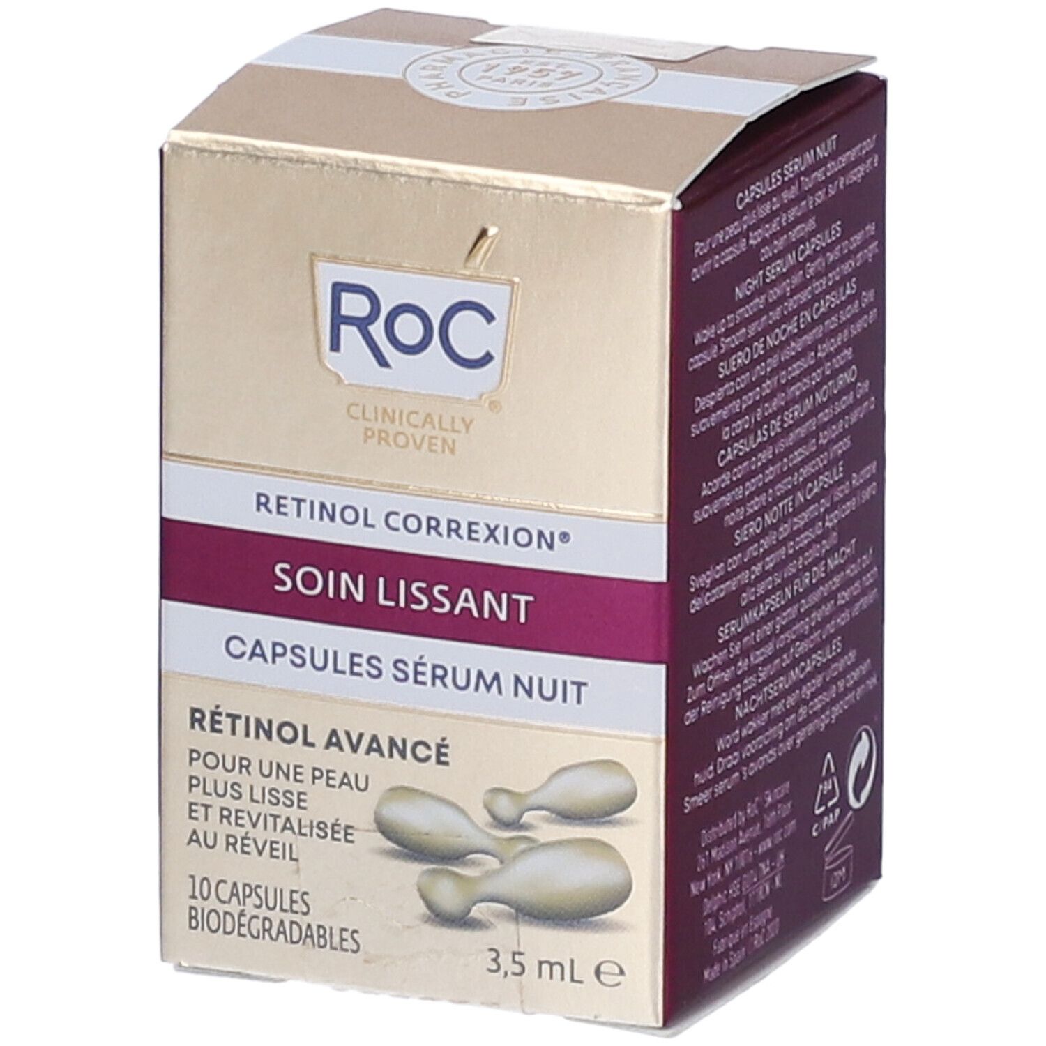 Confezione Roc Retinol Correxion Soin Lissant Capsules Sérum Nuit. Scatola oro e bordeaux con informazioni sul prodotto.