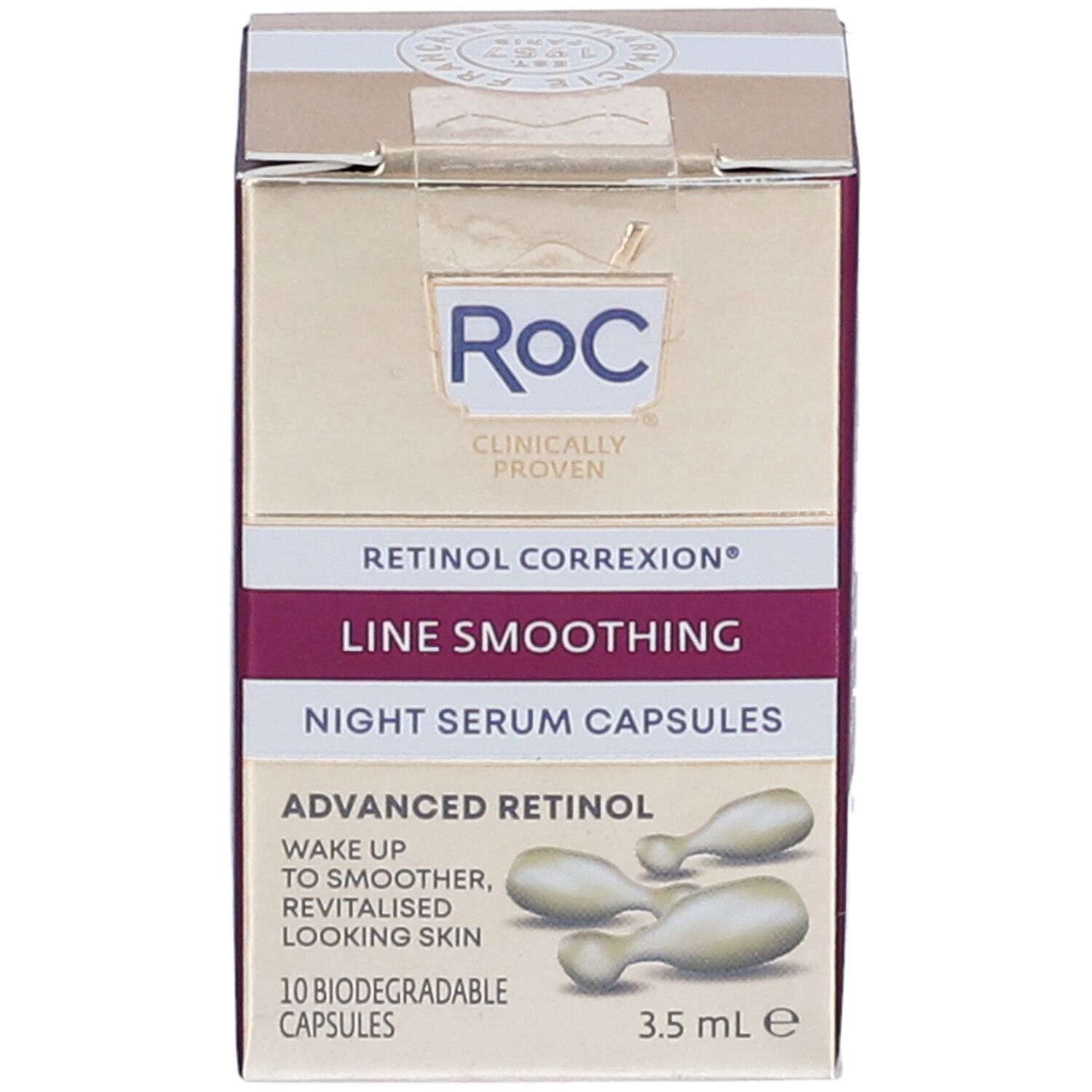 Confezione Roc Retinol Correxion Line Smoothing Capsule Siero Notte. Scatola dorata con nome, immagine capsule e informazioni.