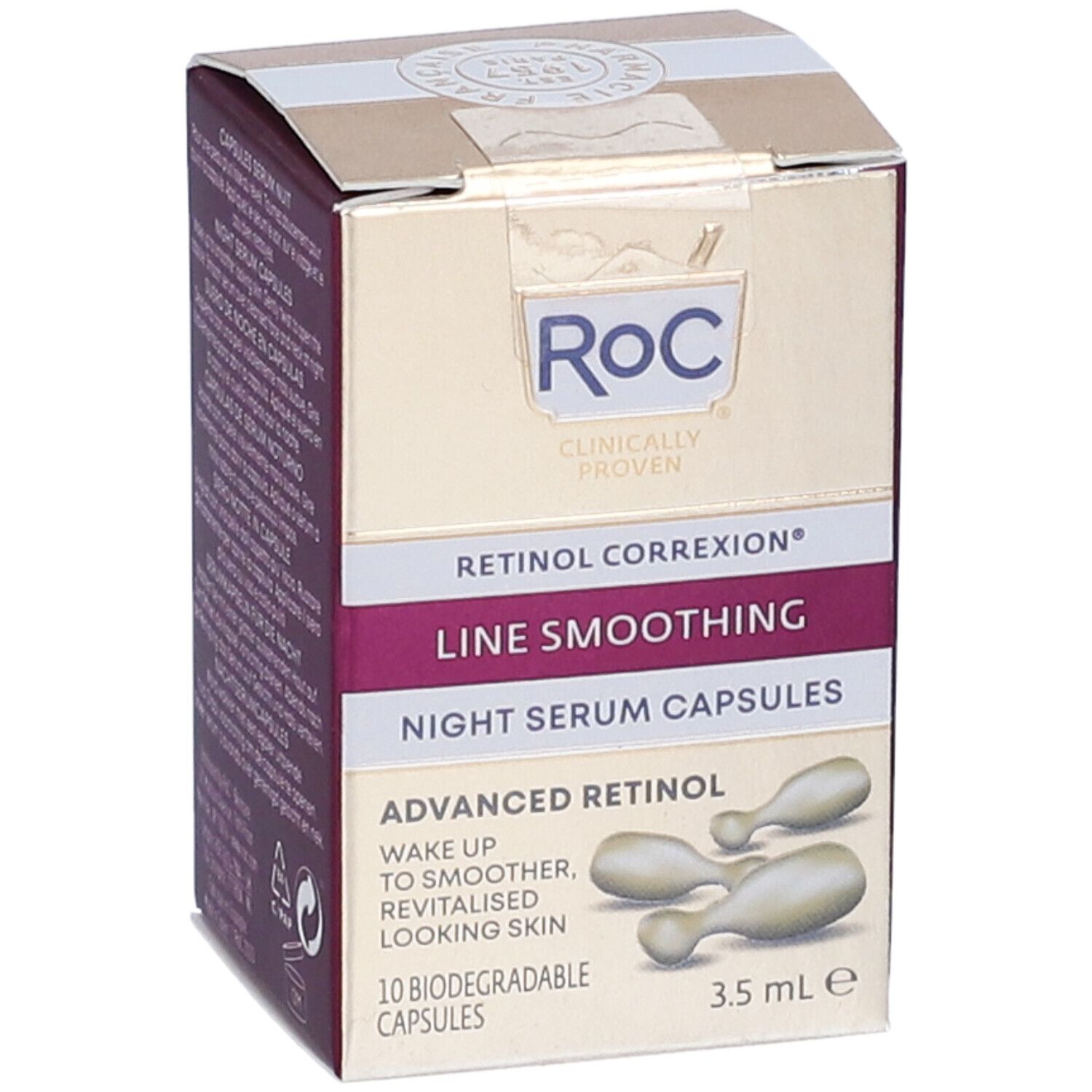 Confezione Roc Retinol Correxion Line Smoothing Capsule Siero Notte. Scatola oro e bordeaux con informazioni e immagine capsule.