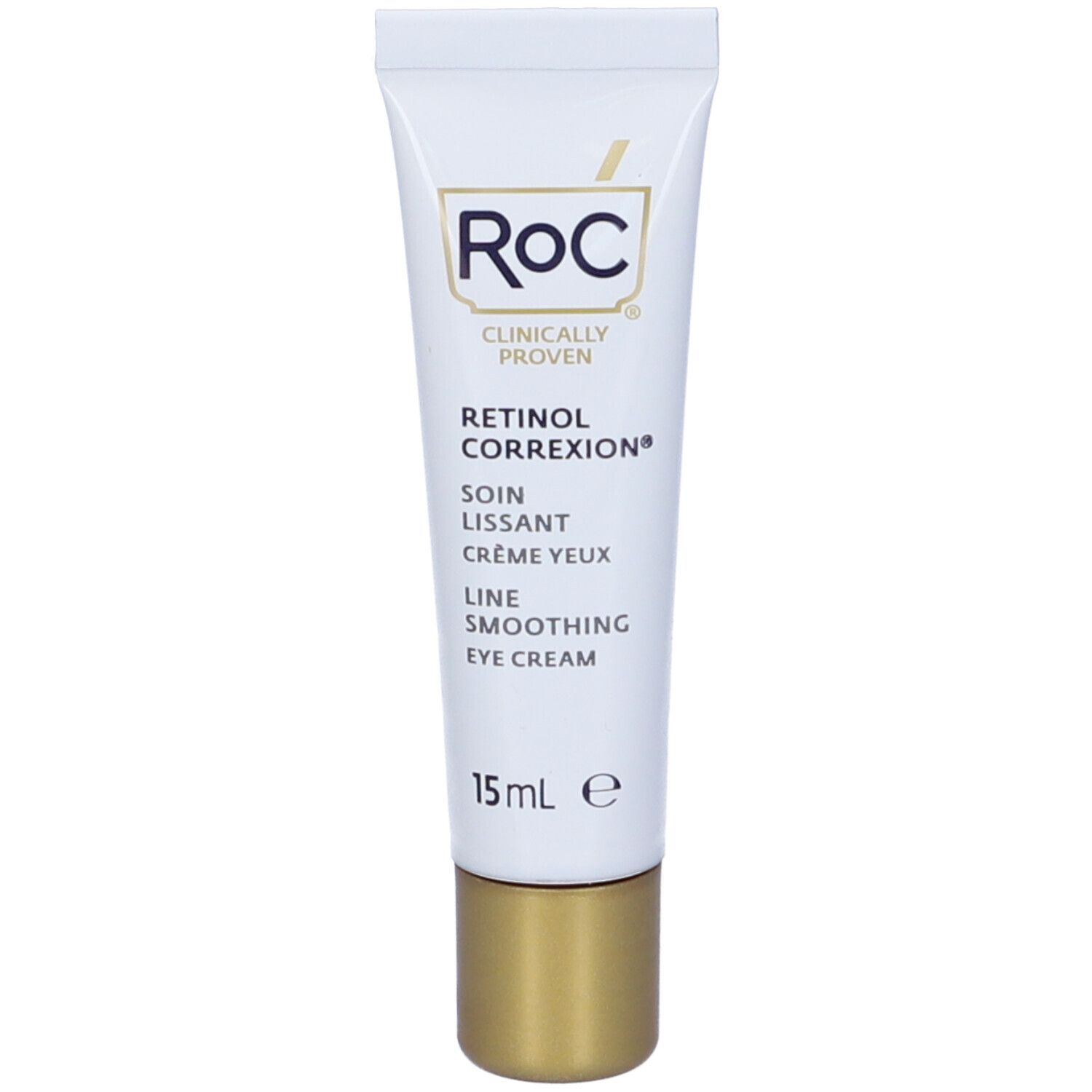 Tubo bianco con base dorata. Scritta: RoC, Retinol Correxion, Line Smoothing Eye Cream. 15 ml.