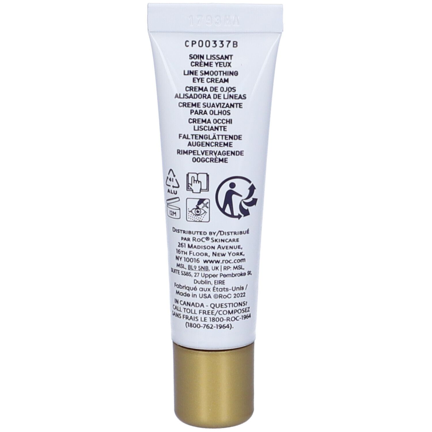 Retro del tubo. Testo: Soin Lissant Crème Yeux, Line Smoothing Eye Cream. Informazioni produttore e ingredienti.