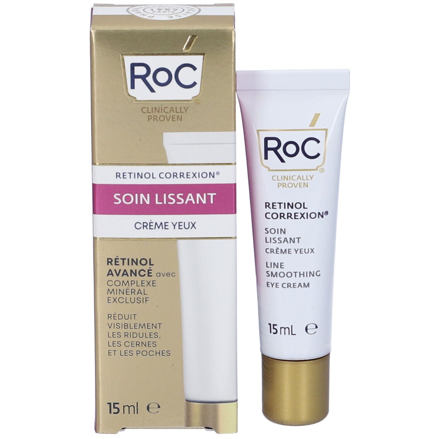 Confezione e tubo. Confezione: RoC, Retinol Correxion, Soin Lissant Crème Yeux. Tubo: Line Smoothing Eye Cream, 15 ml.