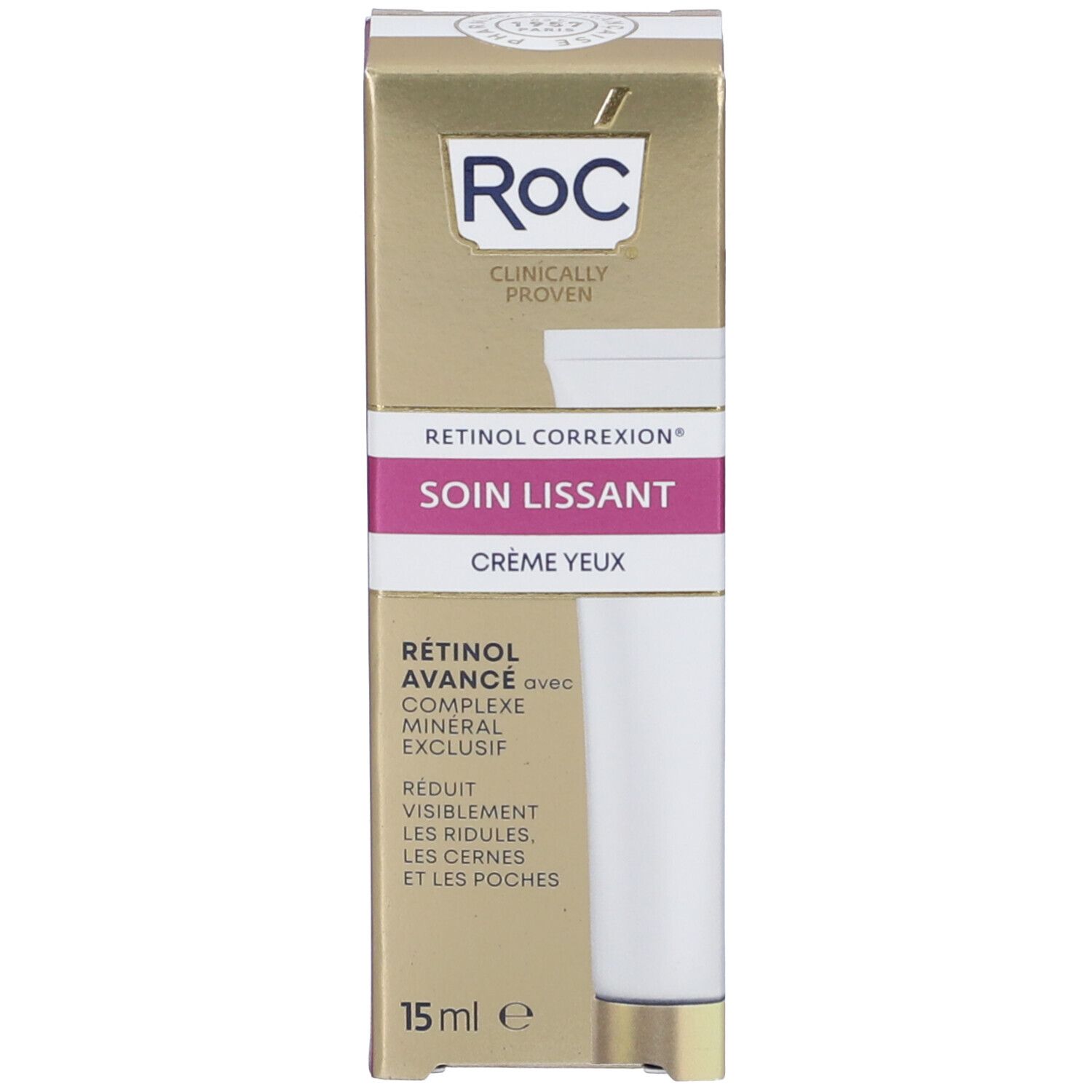 Confezione del prodotto. Scritta: RoC, Retinol Correxion, Soin Lissant Crème Yeux. 15 ml. Testo: RéTinol Avancé avec Complexe Minéral Exclusif.