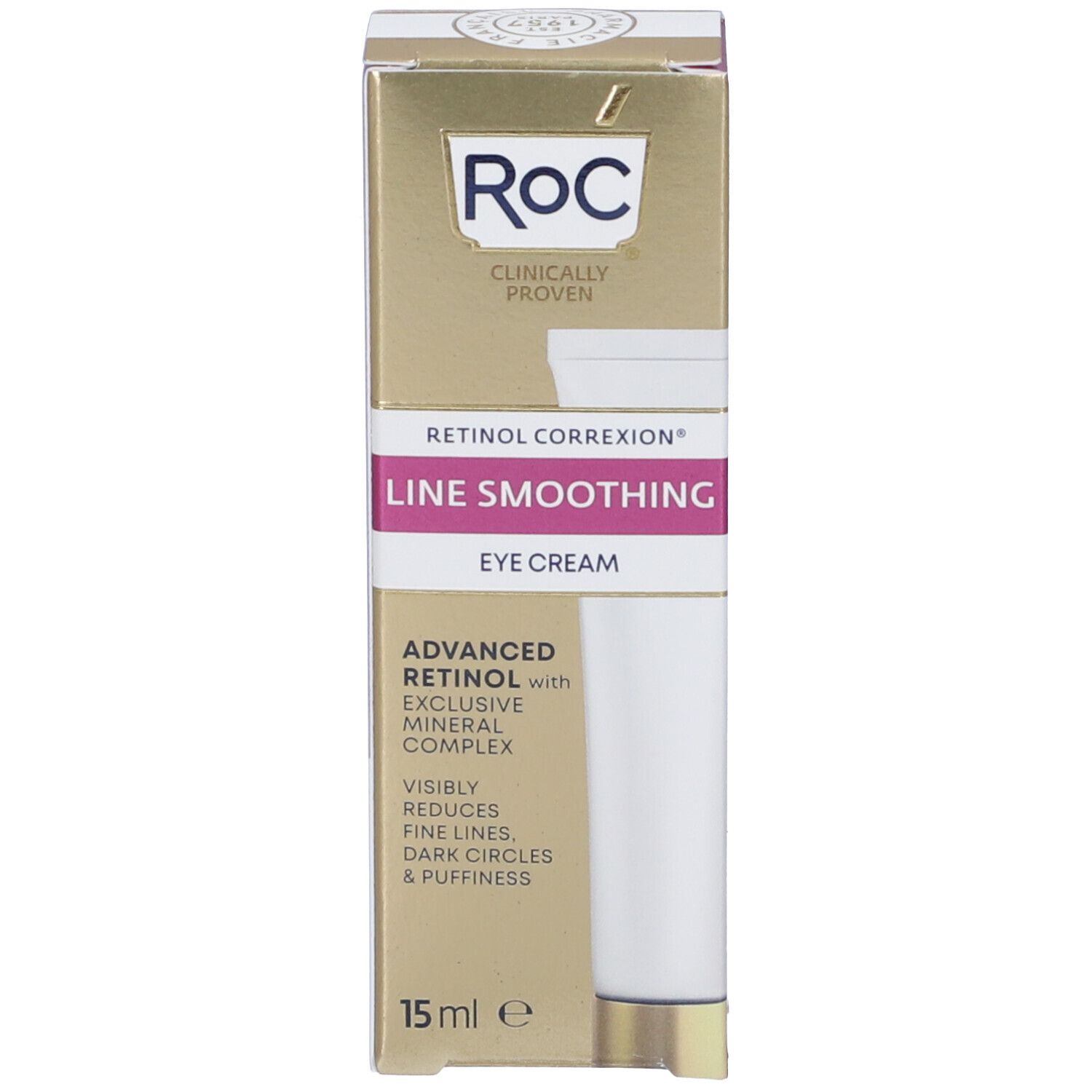Confezione del prodotto. Scritta: RoC, Retinol Correxion, Line Smoothing Eye Cream. 15 ml. Testo: Advanced Retinol con complesso minerale esclusivo.