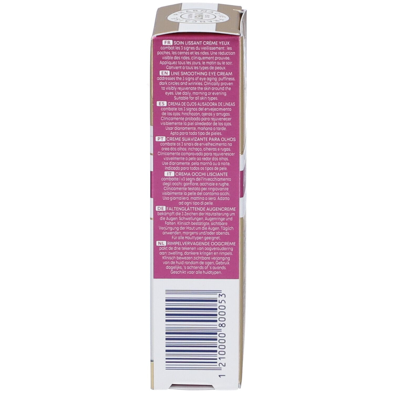 Retro della confezione. Testo multilingue: utilizzo, ingredienti, avvertenze. Codice a barre.