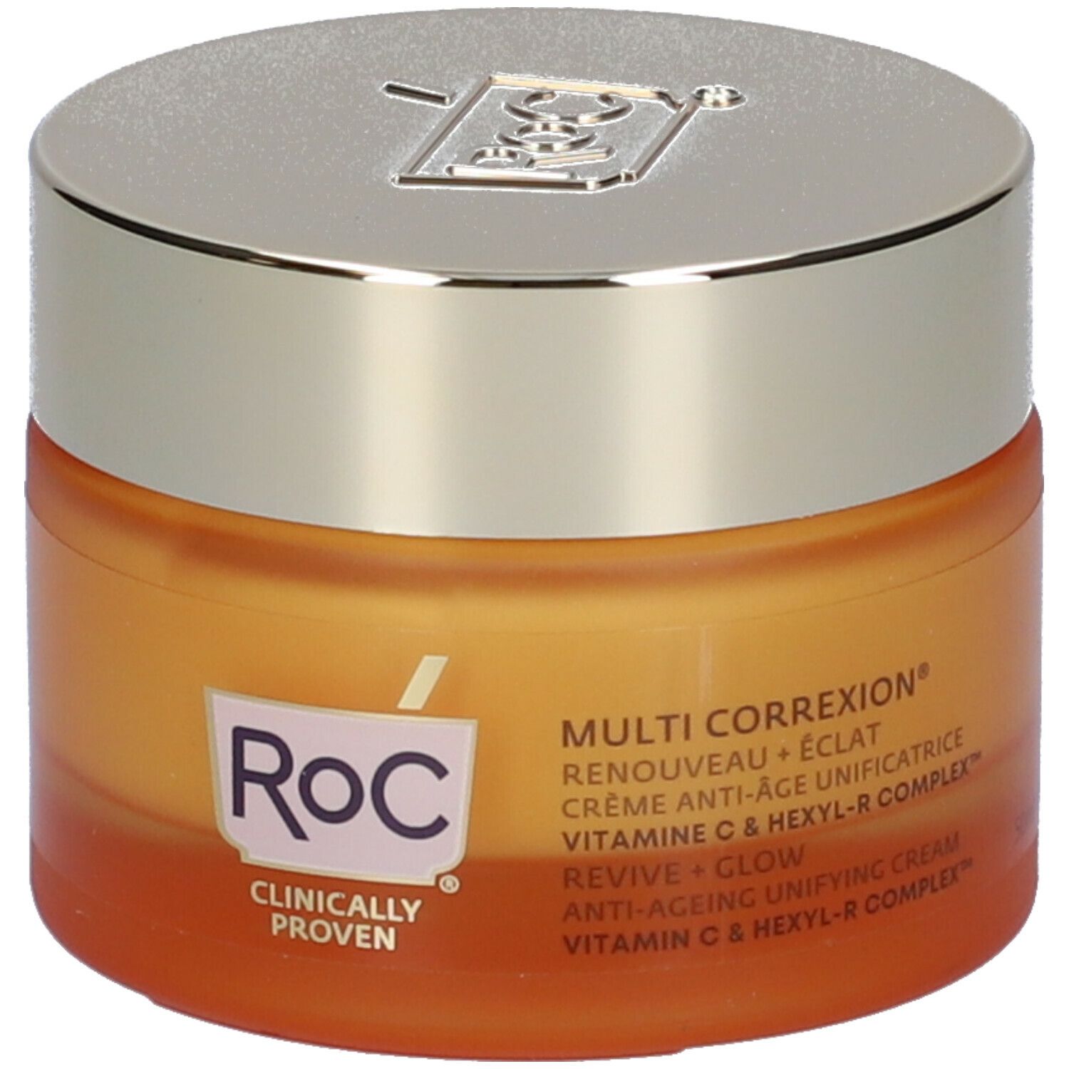 Vasetto di crema arancione con coperchio argentato. Scritta: Roc, Multi Correxion, Revive + Glow, Vitamina C & Hexyl-R Complex. "Clinically Proven".