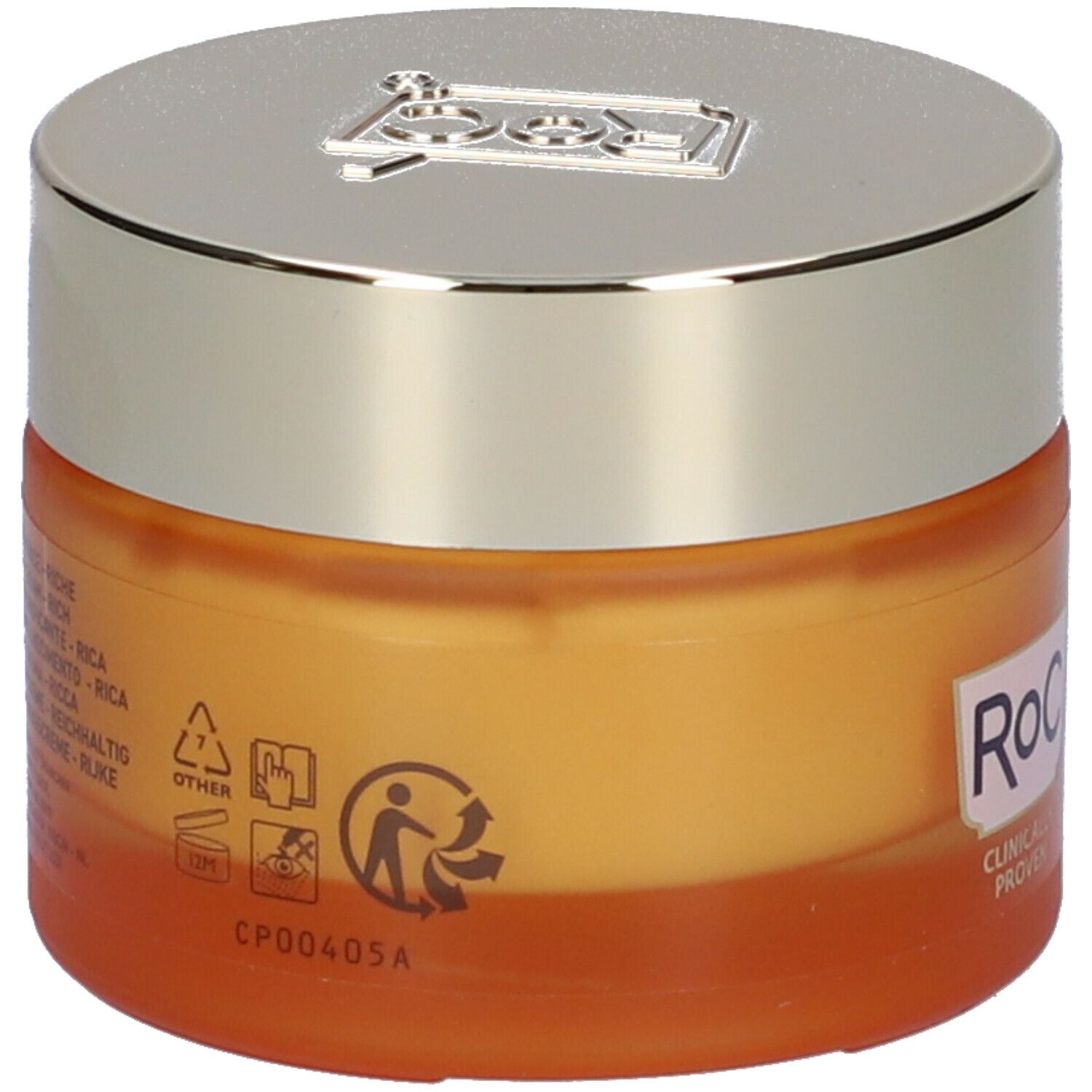 Vasetto di crema arancione con coperchio argentato. Retro con pittogrammi e testo. Marchio Roc.