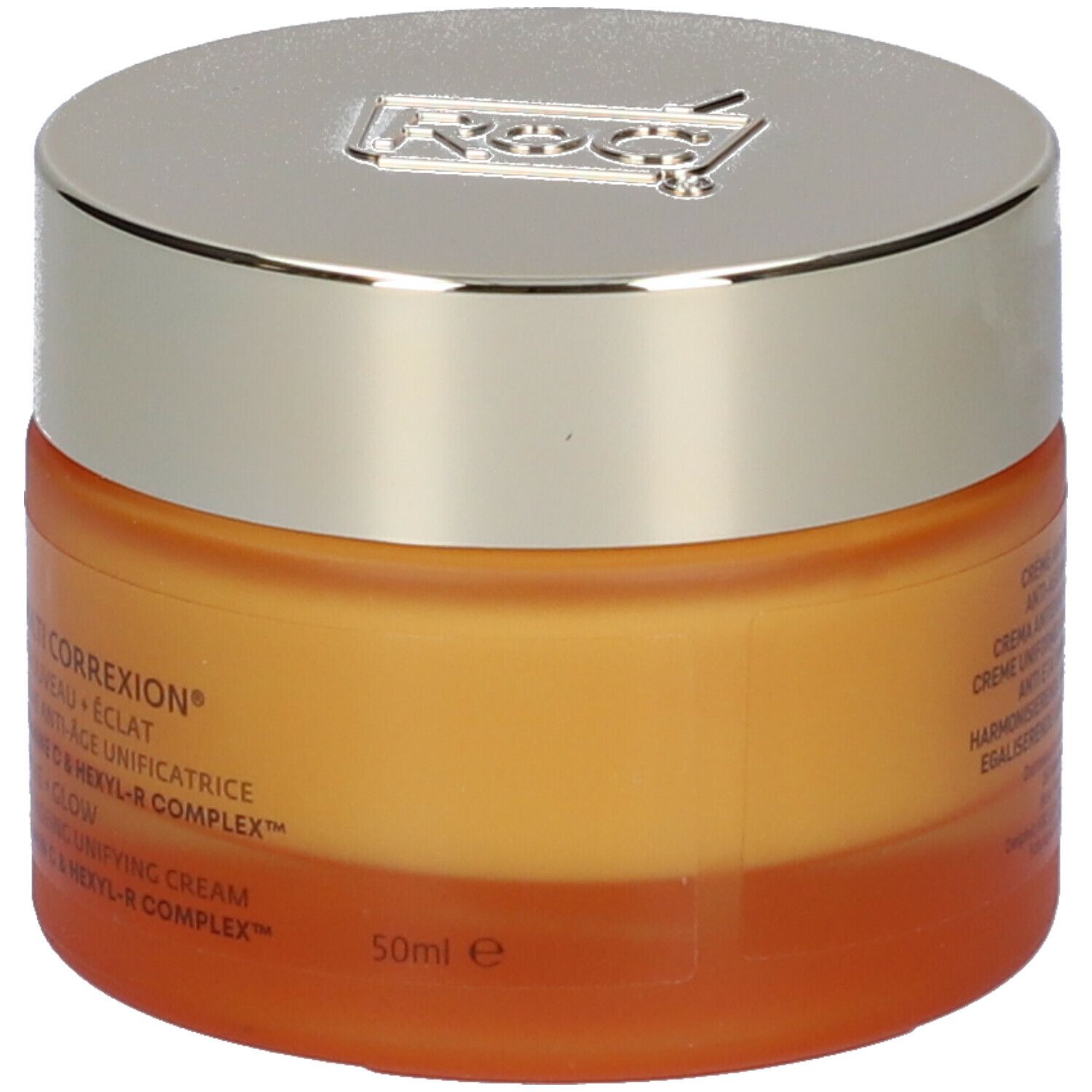 Vasetto di crema arancione con coperchio argentato. Scritta: 50ml. Marchio Roc, Multi Correxion, Revive + Glow.