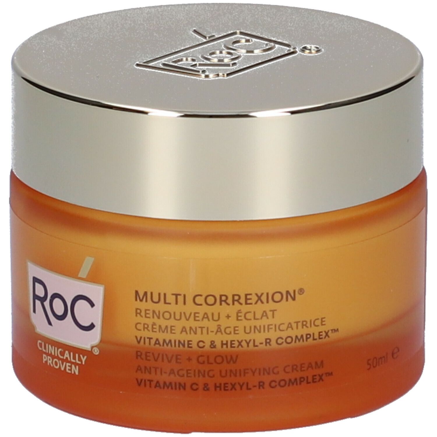 Vasetto di crema arancione con coperchio argentato. Scritta: Roc, Multi Correxion, Revive + Glow, 50ml. "Clinically Proven".