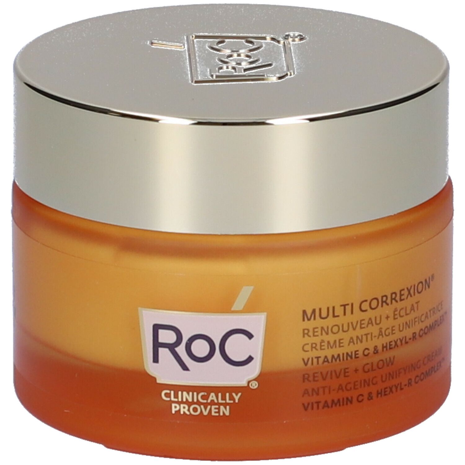 Vasetto di crema arancione con coperchio argentato. Scritta: Roc, Multi Correxion, Revive + Glow. "Clinically Proven".