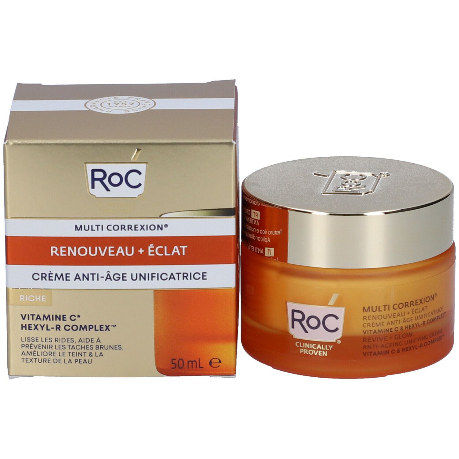 Vasetto di crema e confezione. Confezione con scritta: Roc, Multi Correxion, 50 ml. Vasetto di crema con scritta: Roc, "Clinically Proven".