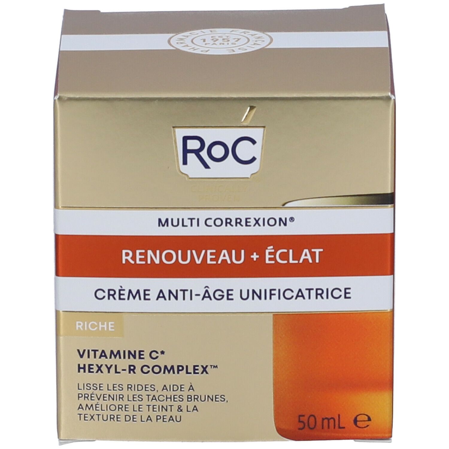 Confezione con scritta: Roc, Multi Correxion, 50 ml. Testo: Crema Anti-Età Unificante. Marchio Roc.