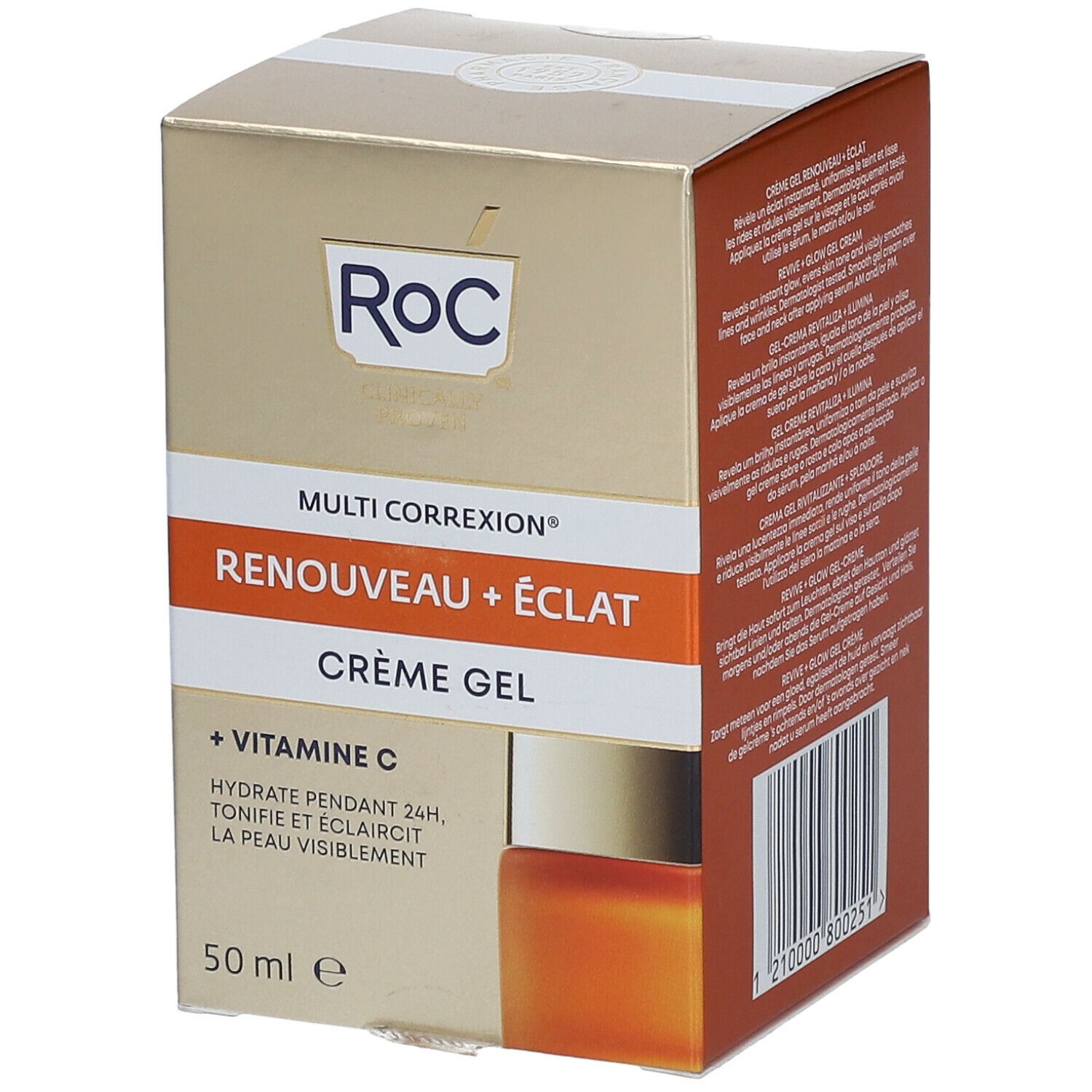 Confezione. Scritta: ROC, Multi Correxion, Renouveau + Éclat, Crème Gel, + Vitamina C, 50 ml.