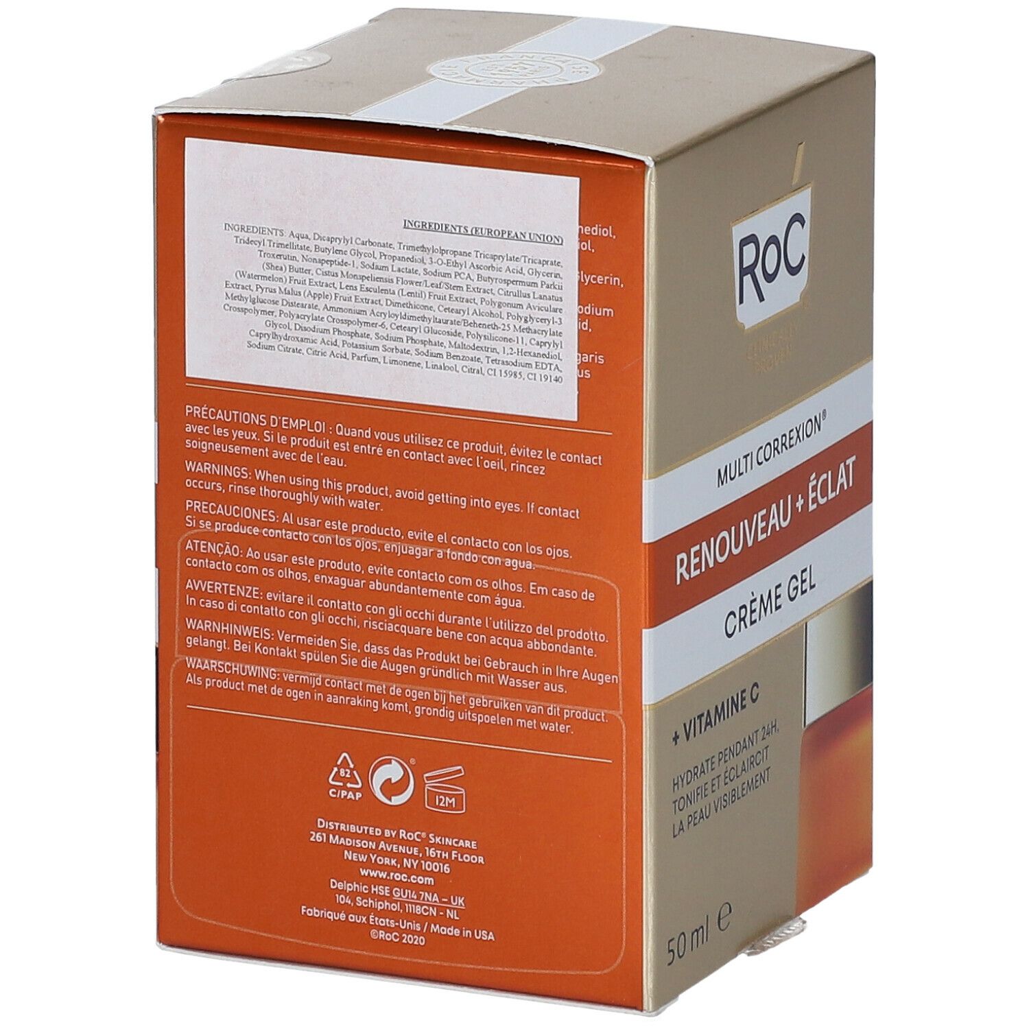 Confezione. Scritta: ROC, Multi Correxion, Renouveau + Éclat, Crème Gel, + Vitamina C, 50 ml. Testo sul retro.