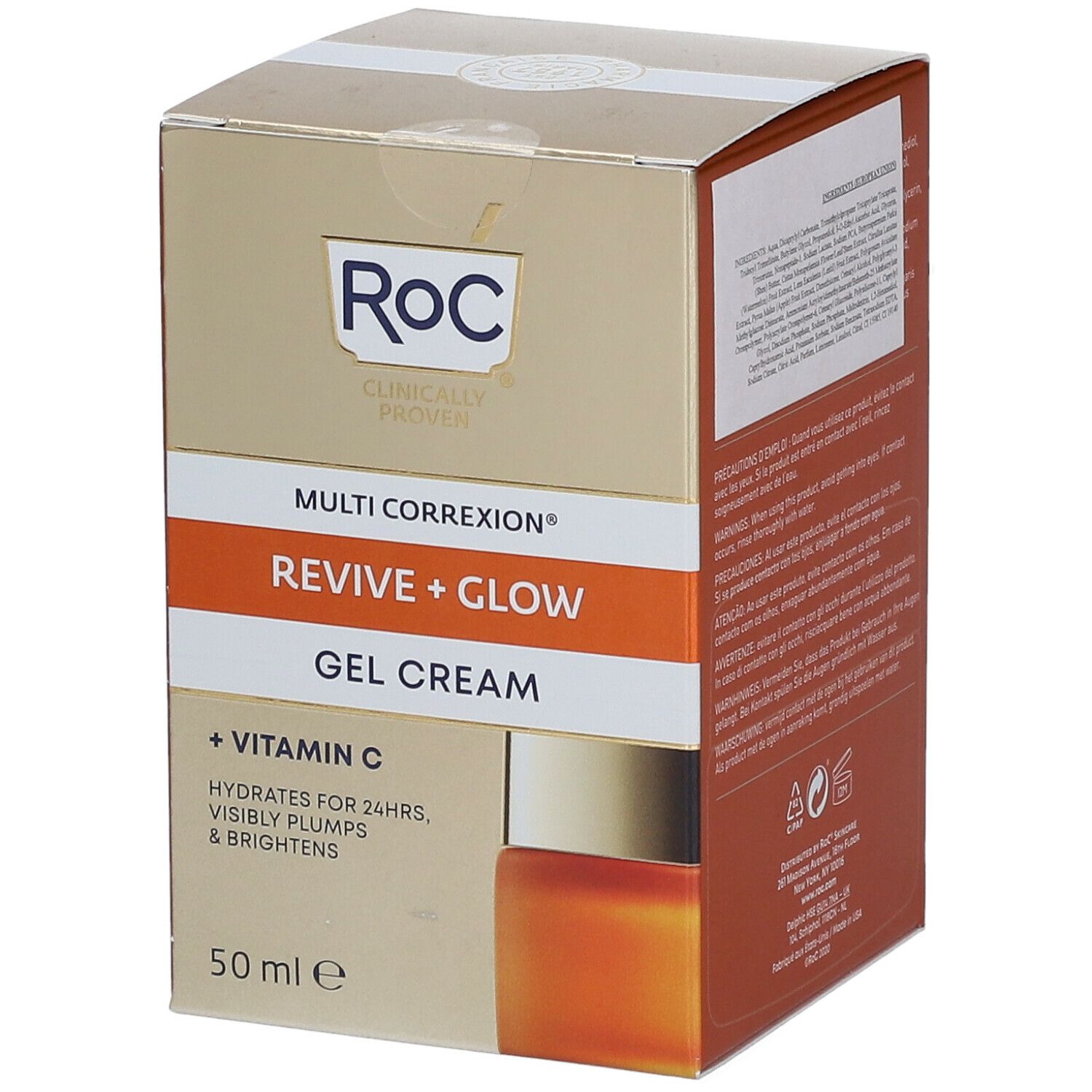 Confezione. Scritta: ROC, Multi Correxion, Revive + Glow, Gel Cream, + Vitamina C, 50 ml.