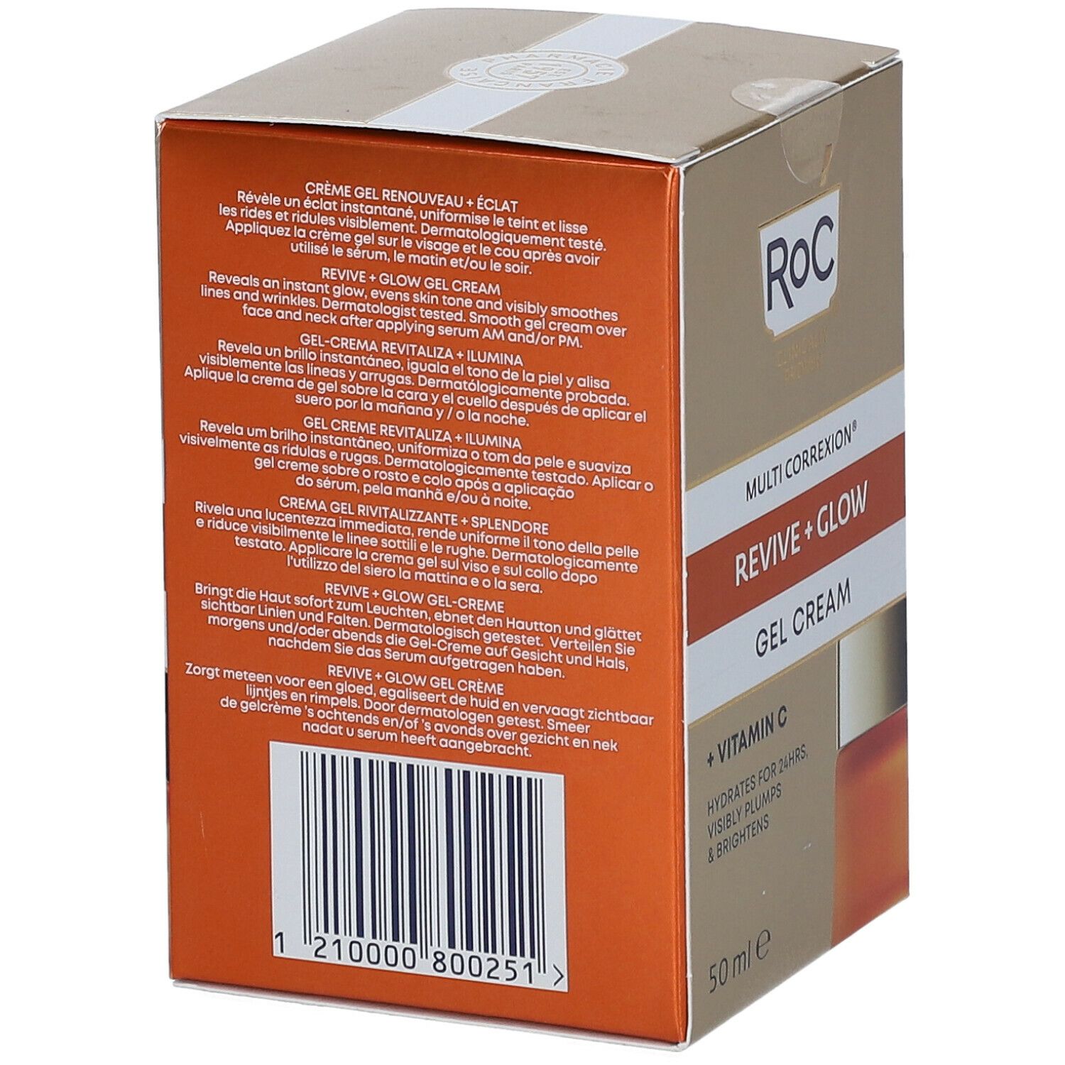 Confezione. Scritta: ROC, Multi Correxion, Revive + Glow, Gel Cream, + Vitamina C, 50 ml. Testo sul retro.