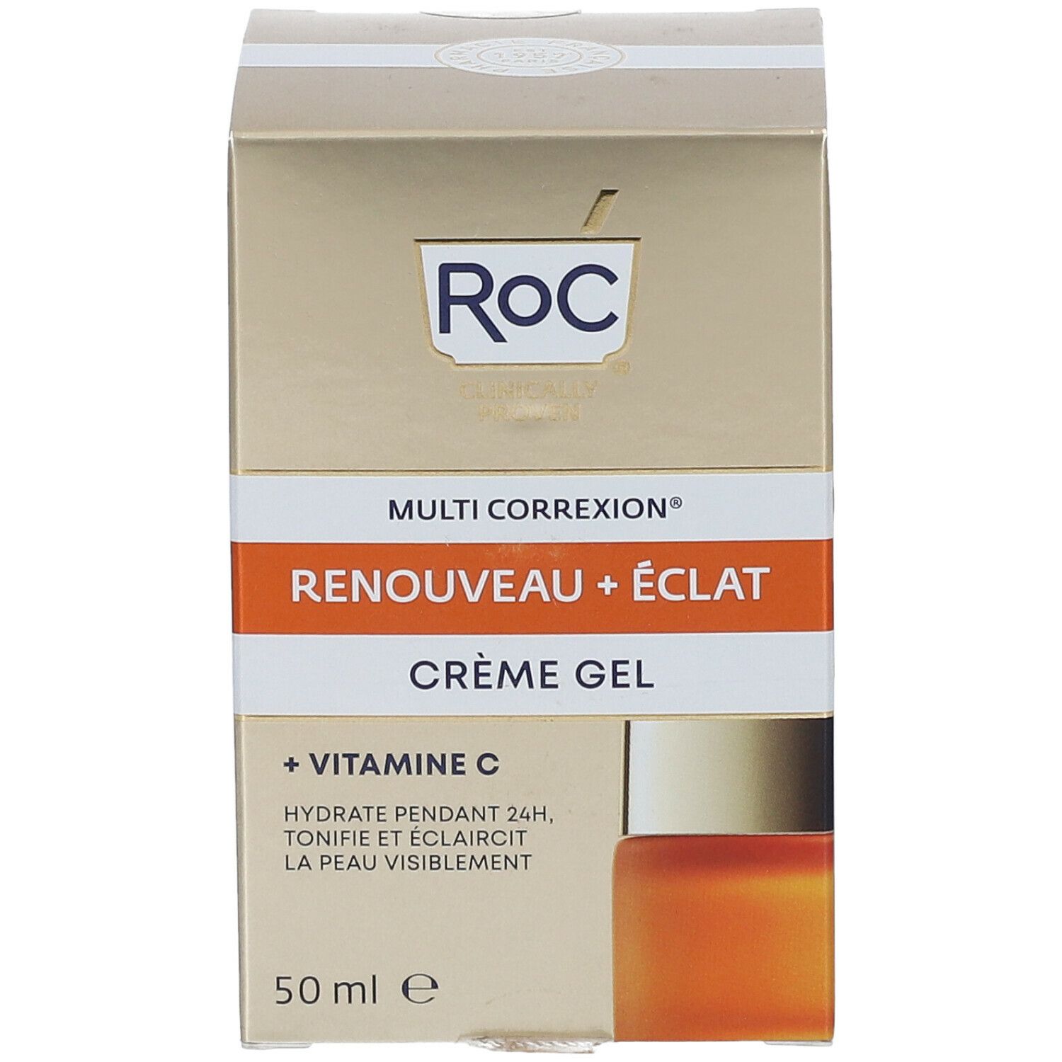 Confezione. Scritta: ROC, Multi Correxion, Renouveau + Éclat, Crème Gel, + Vitamina C, 50 ml.