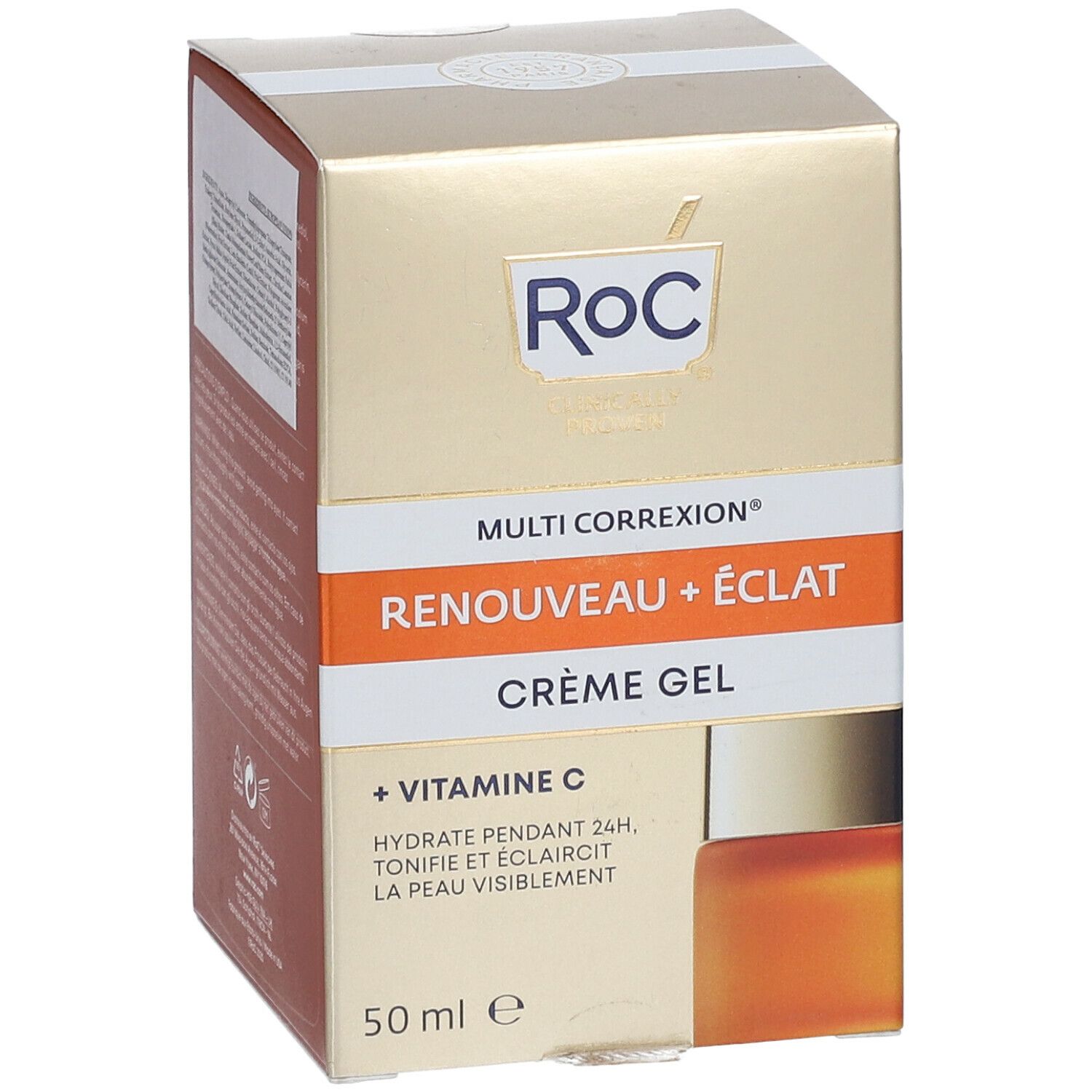 Confezione. Scritta: ROC, Multi Correxion, Renouveau + Éclat, Crème Gel, + Vitamina C, 50 ml. Vista negozio.