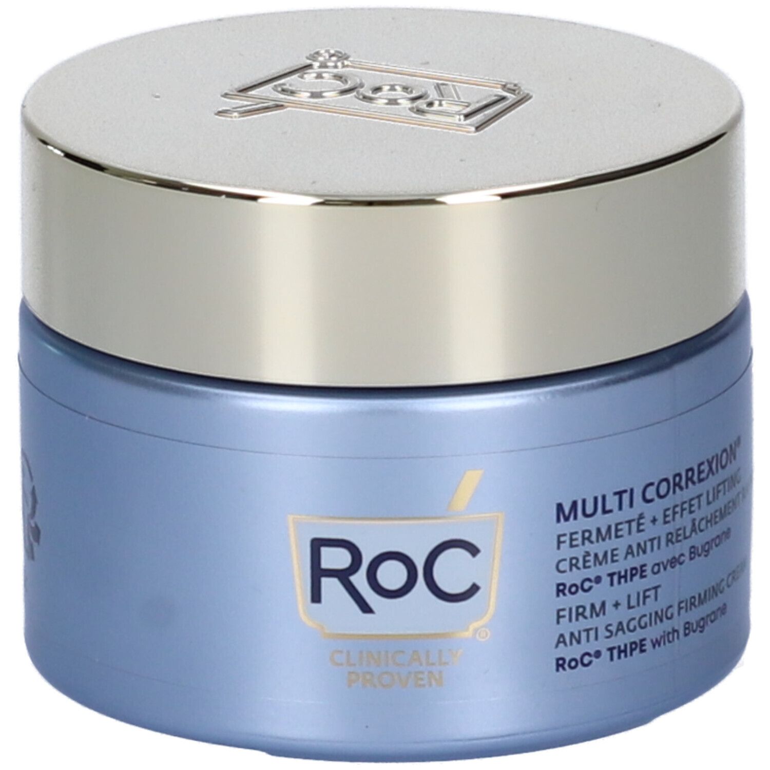 Vasetto blu con coperchio argentato. Scritte: RoC, Multi Correxion, Firm + Lift. Clinicamente provato.