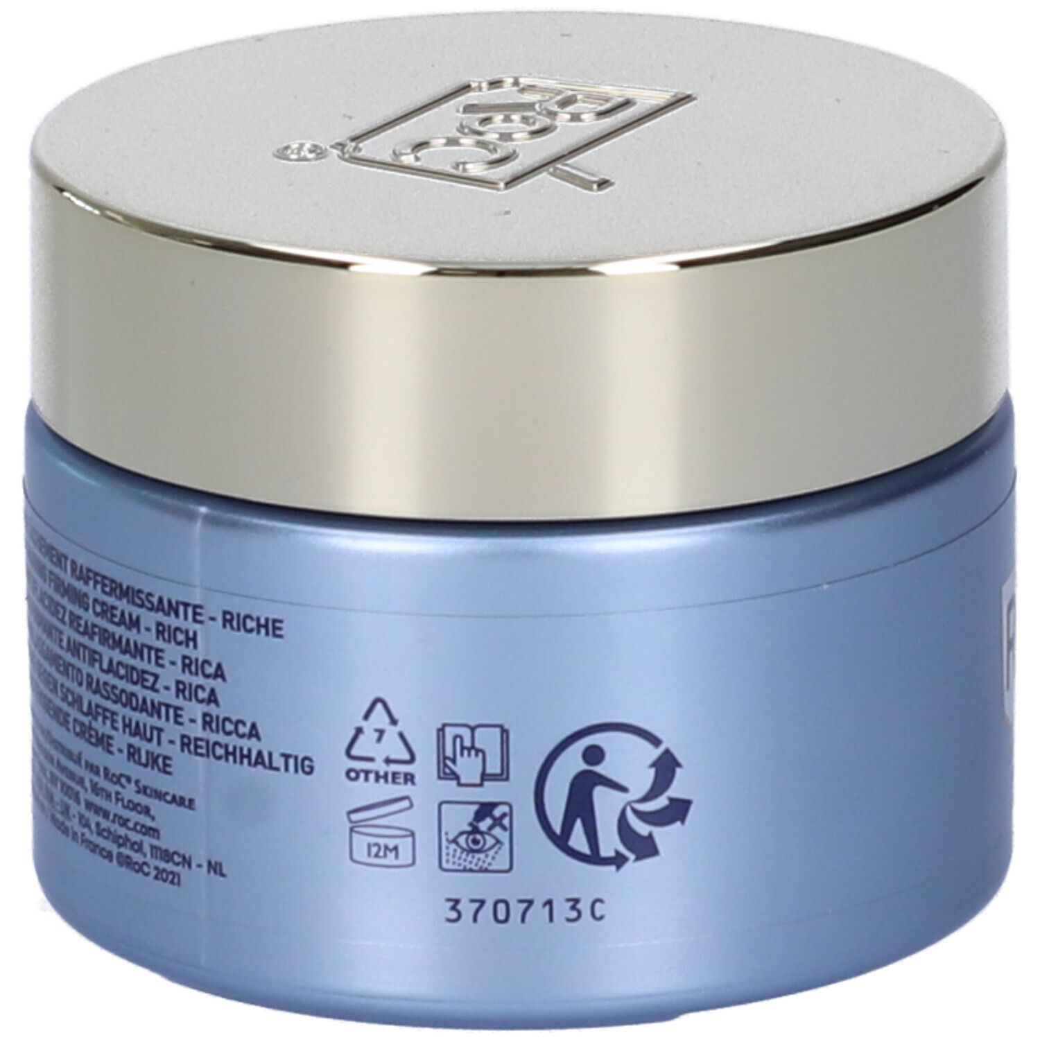 Retro di un vasetto blu con coperchio argentato. Testo: Anti-Relâchement Raffermissant. Simboli di riciclaggio e pittogrammi.