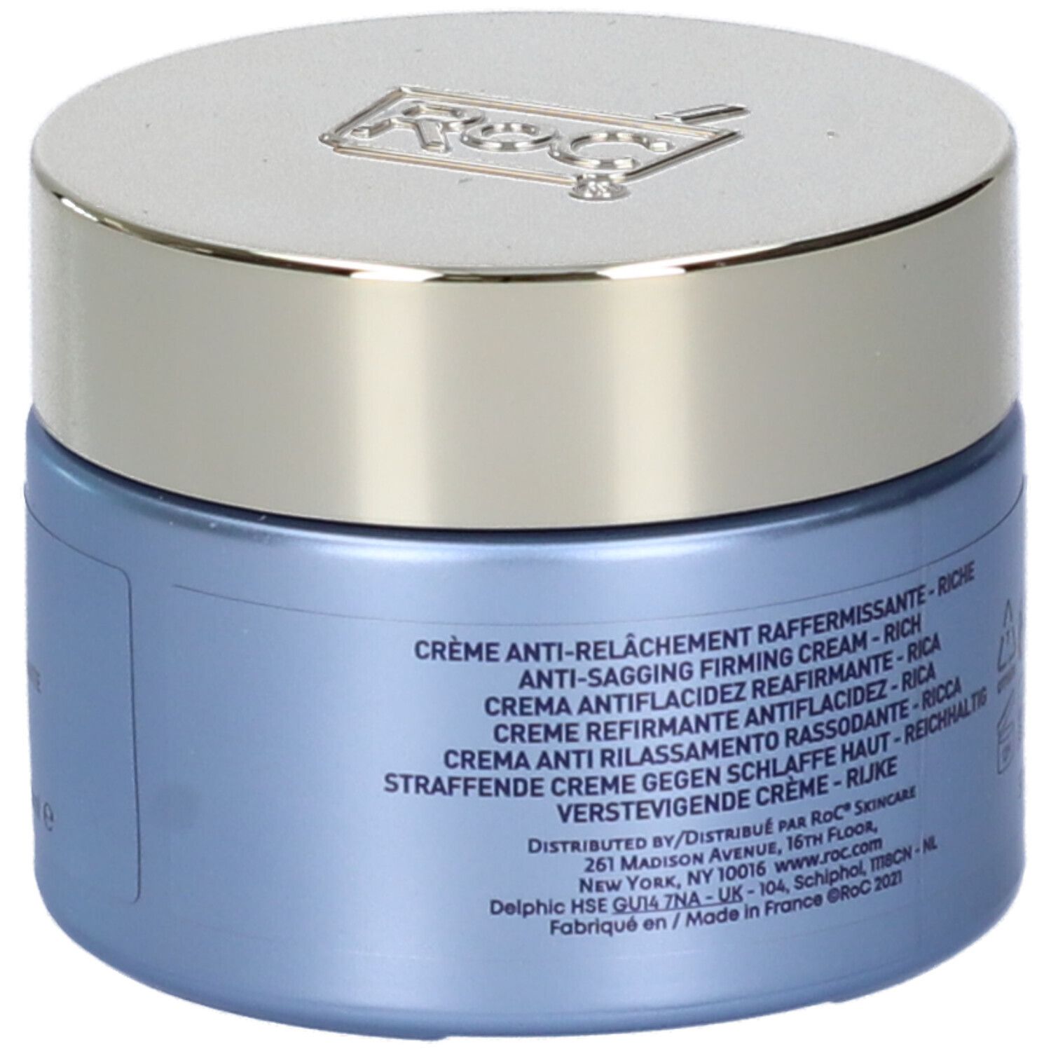 Vasetto blu con coperchio argentato. Testo: Crème Anti-Relâchement Raffermissante. Distribuito da RoC.