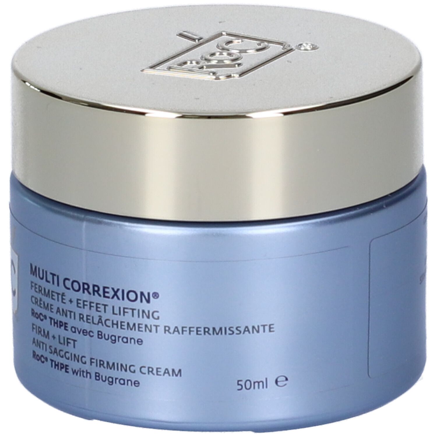 Vasetto blu con coperchio argentato. Testo: Multi Correxion, Firm + Lift, 50ml. RoC THPE con Bugrane.
