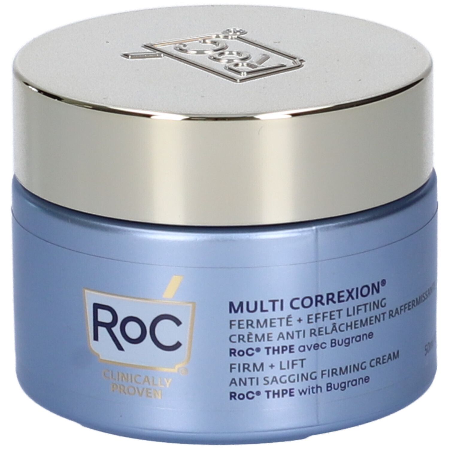 Vasetto blu con coperchio argentato. Testo: RoC, Multi Correxion, Firm + Lift. Clinicamente provato.