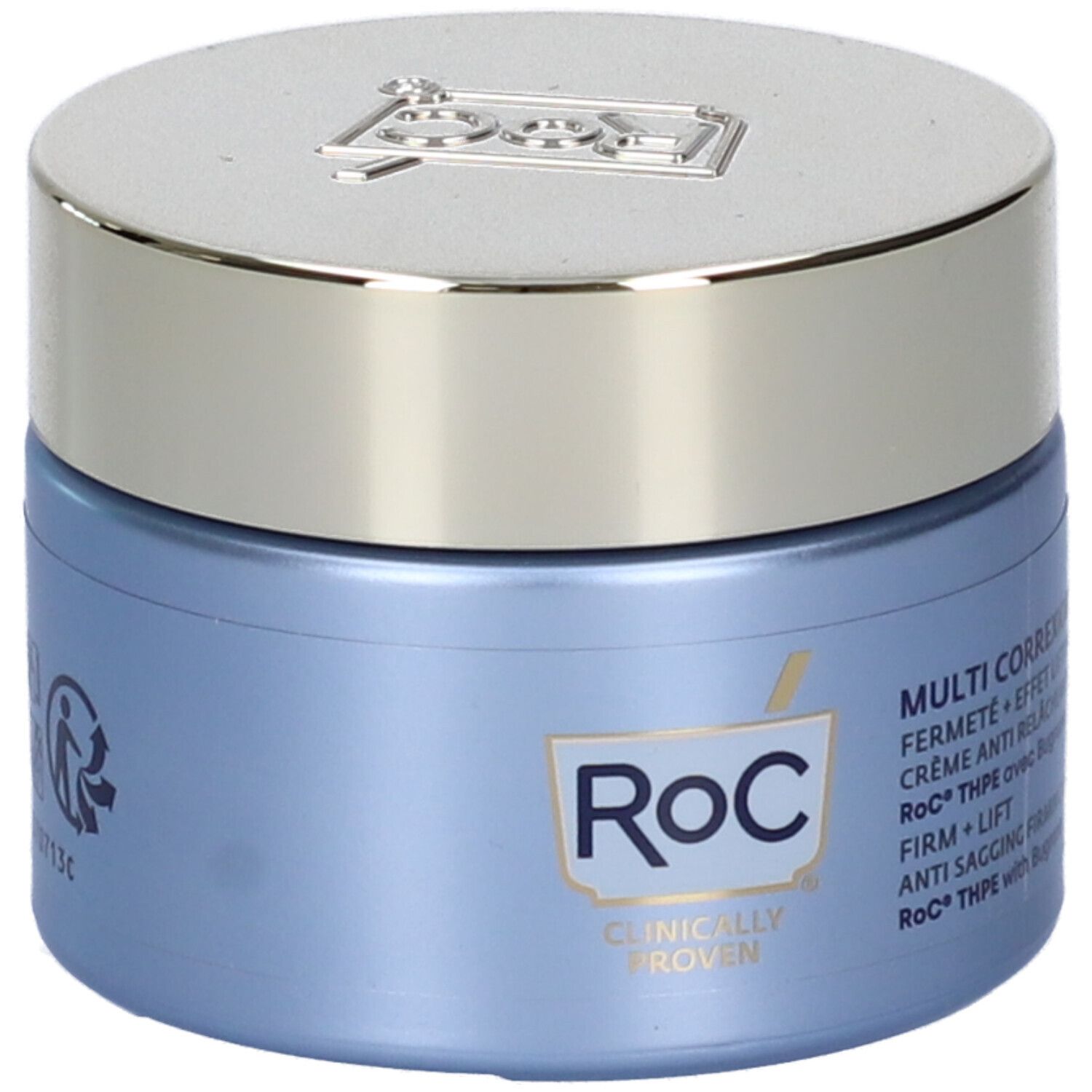 Vasetto blu con coperchio argentato. Testo: RoC, Multi Correxion, Firm + Lift. Clinicamente provato. Simbolo di riciclaggio.