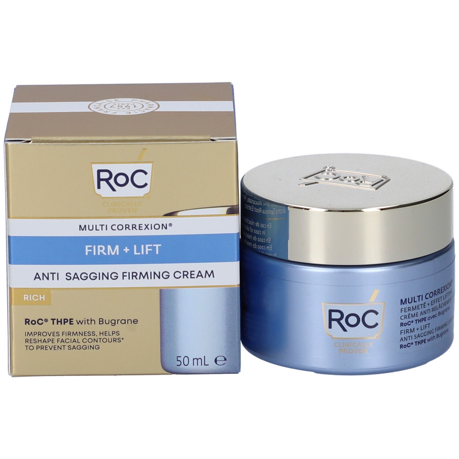 Confezione e vasetto. Confezione: Dorata, RoC, Multi Correxion, Firm + Lift, 50ml. Vasetto: Blu, coperchio argentato.