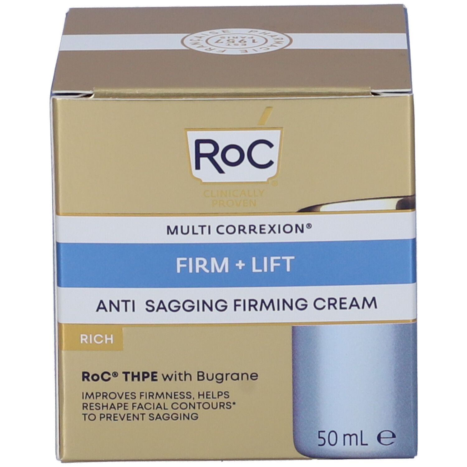 Confezione dorata. Testo: RoC, Multi Correxion, Firm + Lift, Anti-Sagging Firming Cream, 50ml.