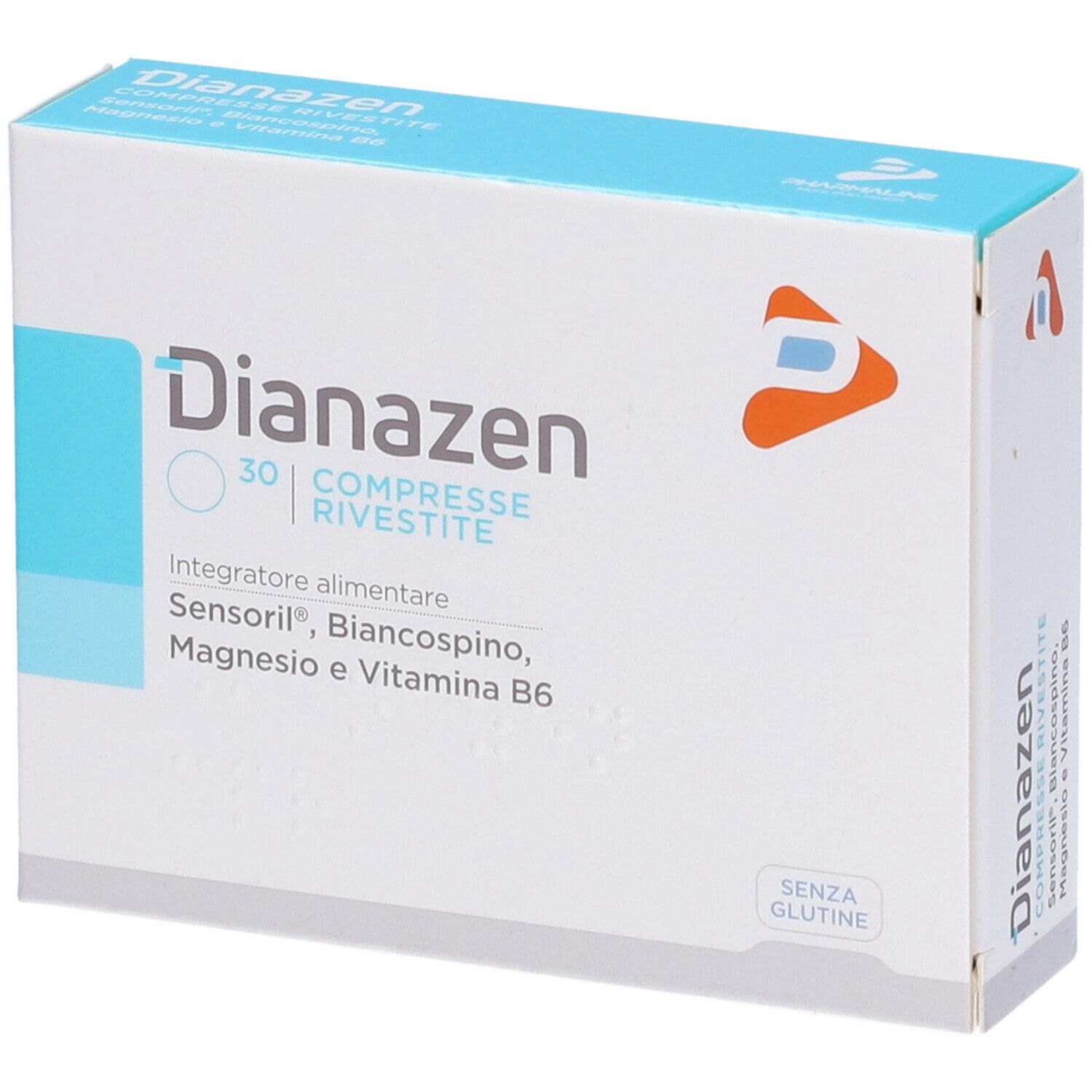 Scatola bianca "Dianazen" con logo e testo. Contiene 30 compresse. Ingredienti: Sensoril, Biancospino, Magnesio e Vitamina B6. Senza glutine.