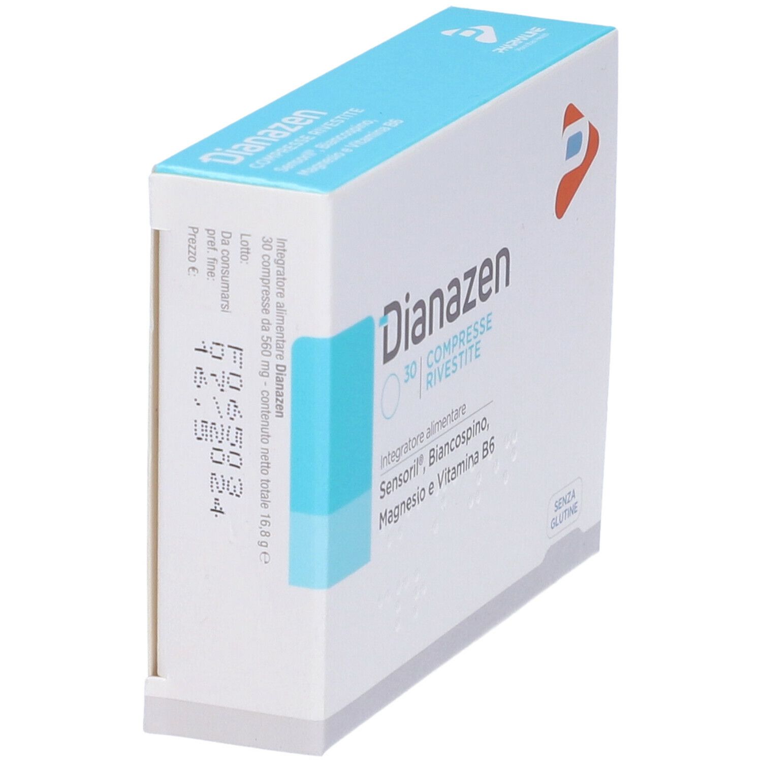 Scatola "Dianazen" in prospettiva. Logo e testo visibili. Contiene 30 compresse. Ingredienti: Sensoril, Biancospino, Magnesio e Vitamina B6. Senza glutine.