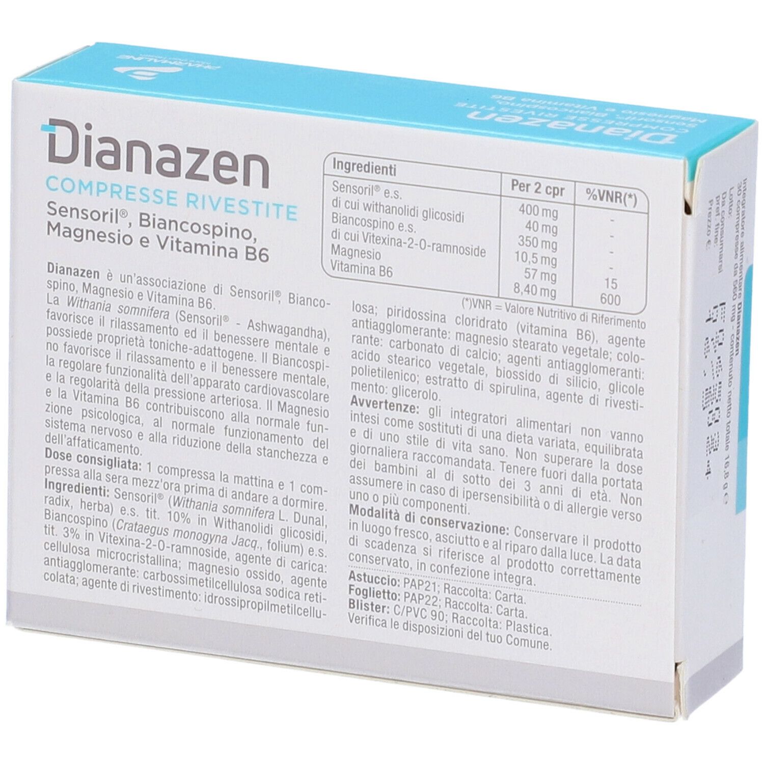 Retro della scatola "Dianazen". Testo con ingredienti, informazioni nutrizionali e istruzioni per l'uso. Senza glutine.