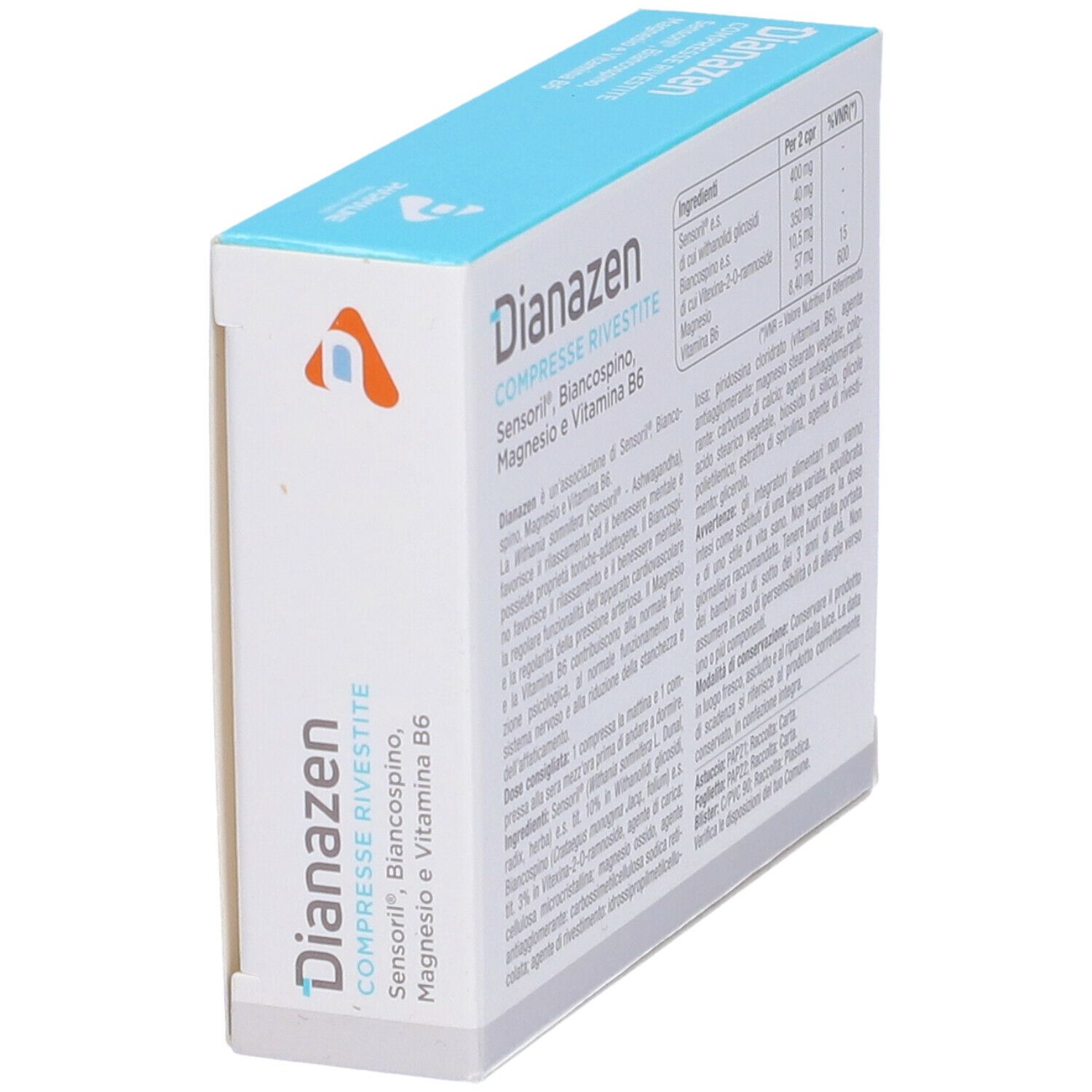 Vista obliqua della scatola "Dianazen". Logo e testo visibili. Contiene 30 compresse. Ingredienti: Sensoril, Biancospino, Magnesio e Vitamina B6. Senza glutine.