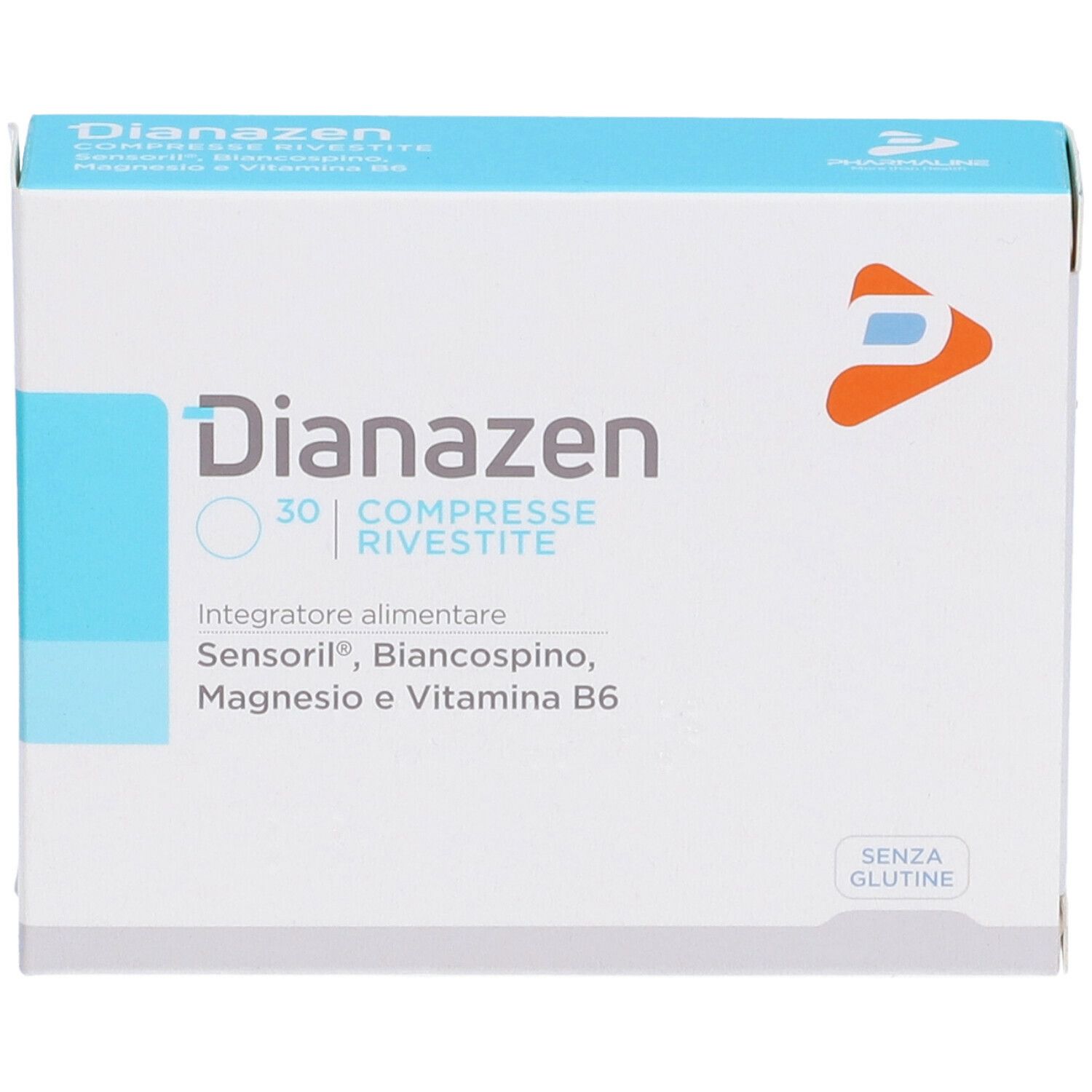 Scatola bianca "Dianazen" con logo e testo. Contiene 30 compresse. Ingredienti: Sensoril, Biancospino, Magnesio e Vitamina B6. Senza glutine.