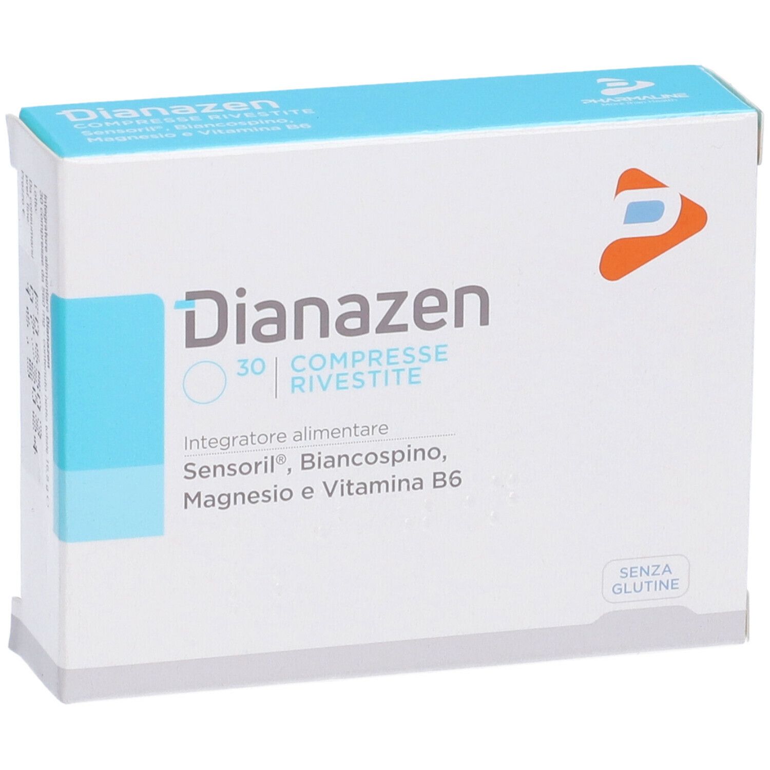 Scatola bianca "Dianazen" con logo e testo. Contiene 30 compresse. Ingredienti: Sensoril, Biancospino, Magnesio e Vitamina B6. Senza glutine.